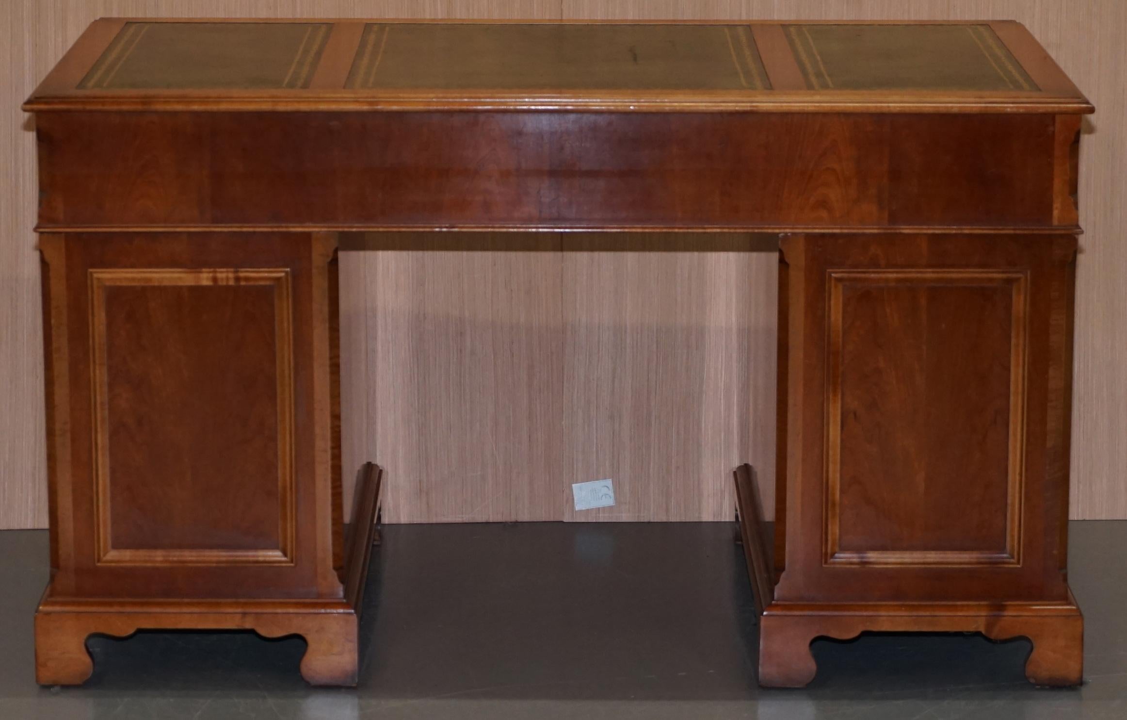 Stunning Rare Burr Walnut Green Leather Twin Pedestal Partner Desk Mouse Shelf 6