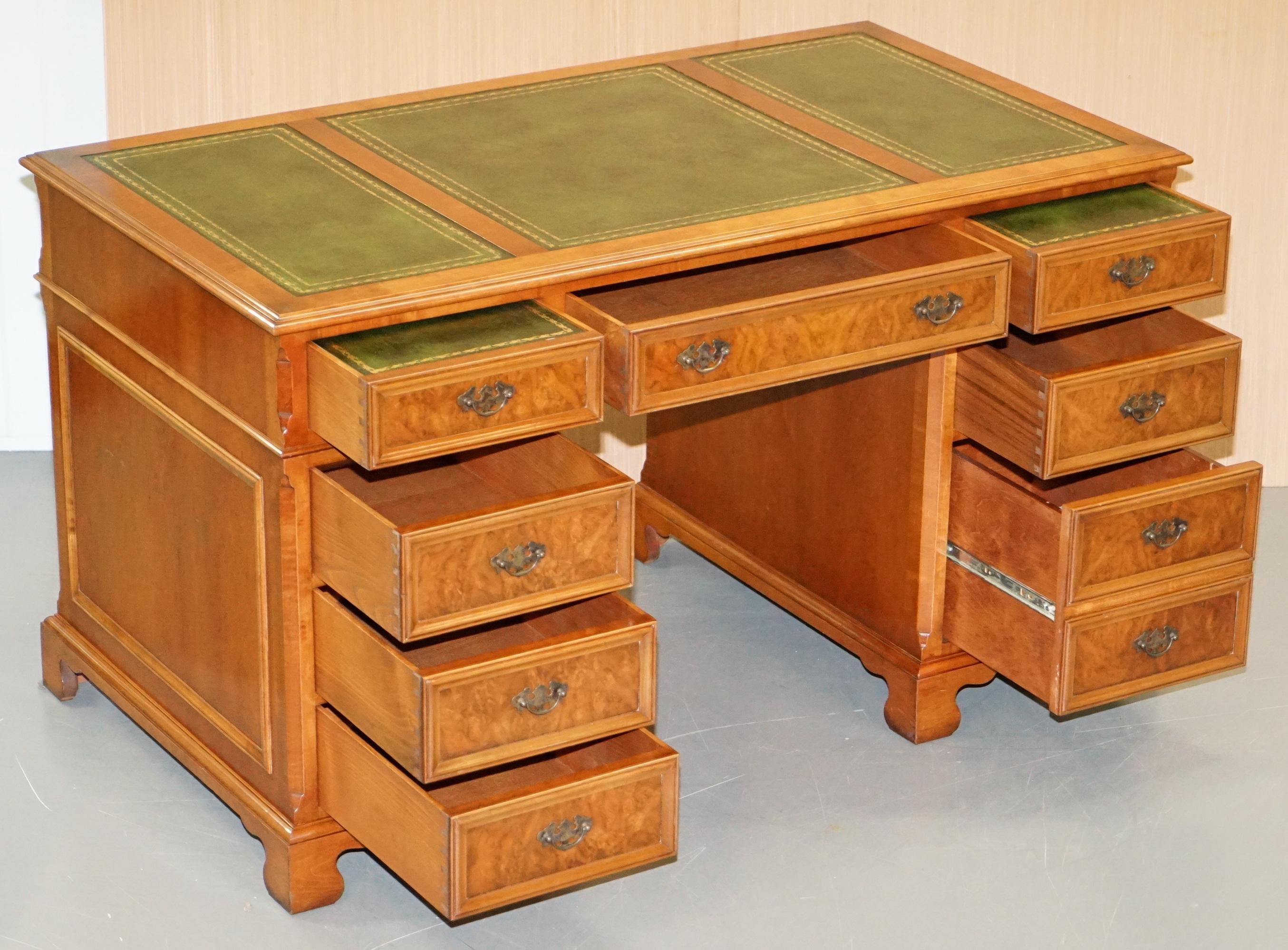 Stunning Rare Burr Walnut Green Leather Twin Pedestal Partner Desk Mouse Shelf 9