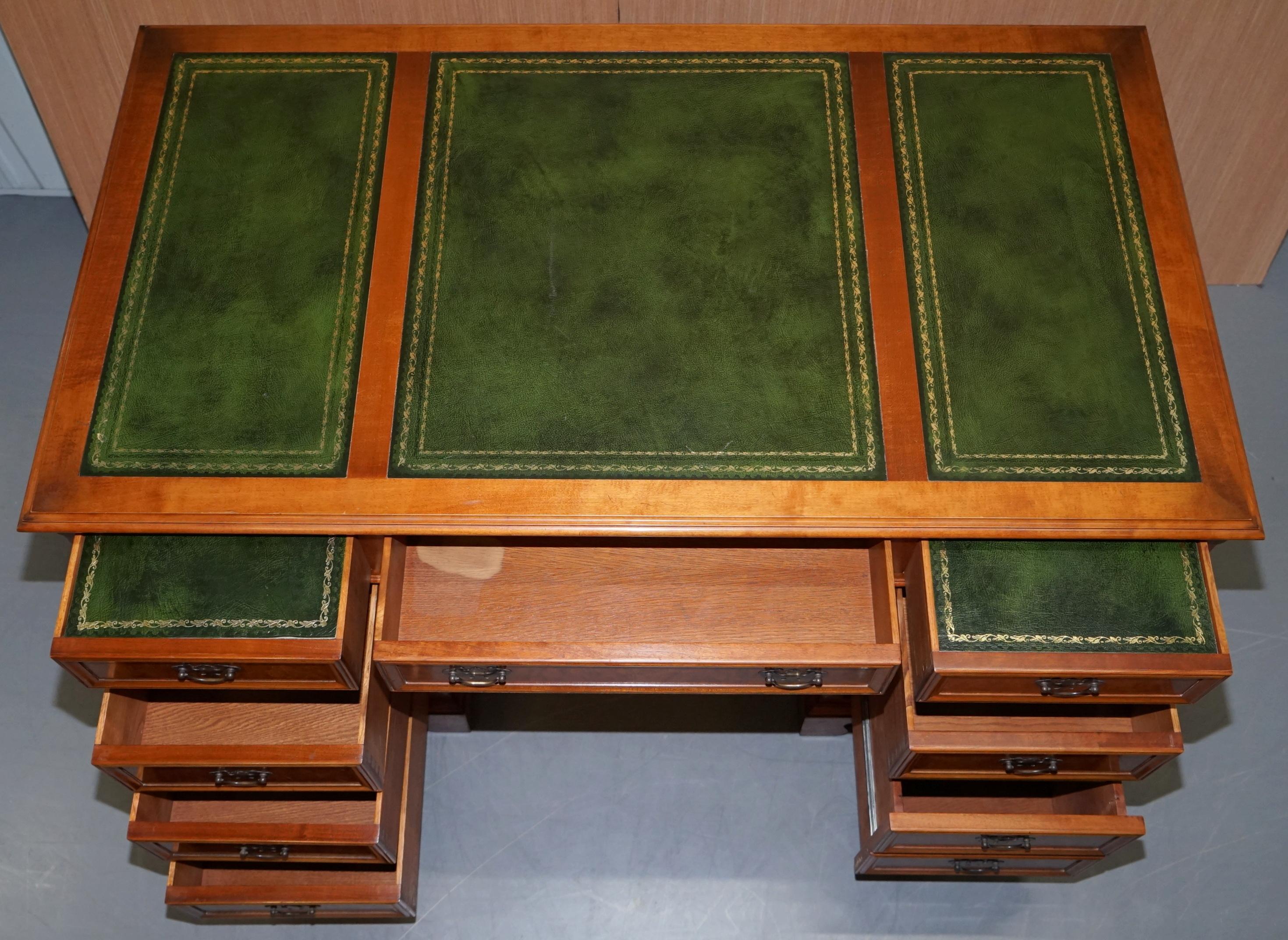 Stunning Rare Burr Walnut Green Leather Twin Pedestal Partner Desk Mouse Shelf 10