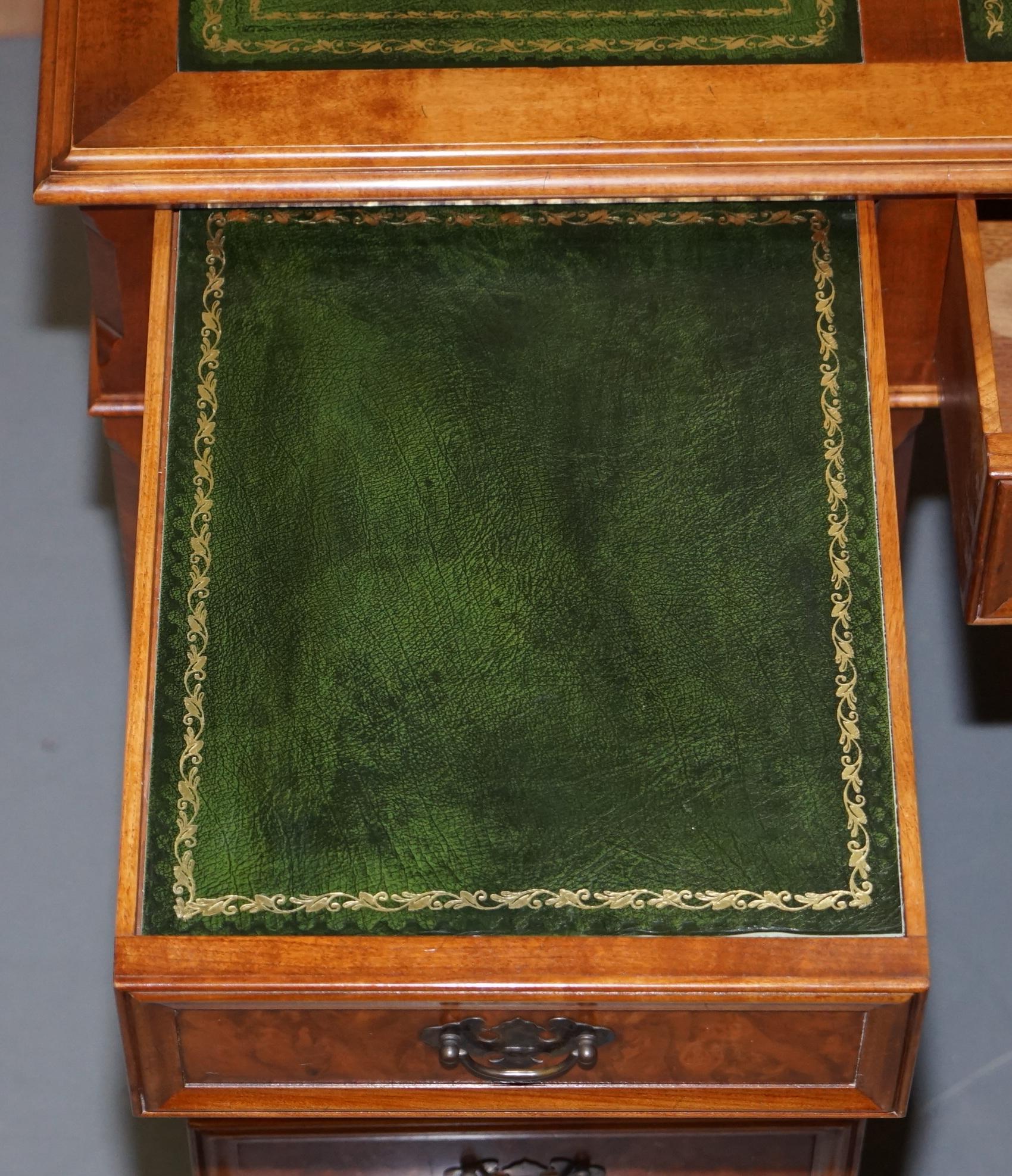 Stunning Rare Burr Walnut Green Leather Twin Pedestal Partner Desk Mouse Shelf 12