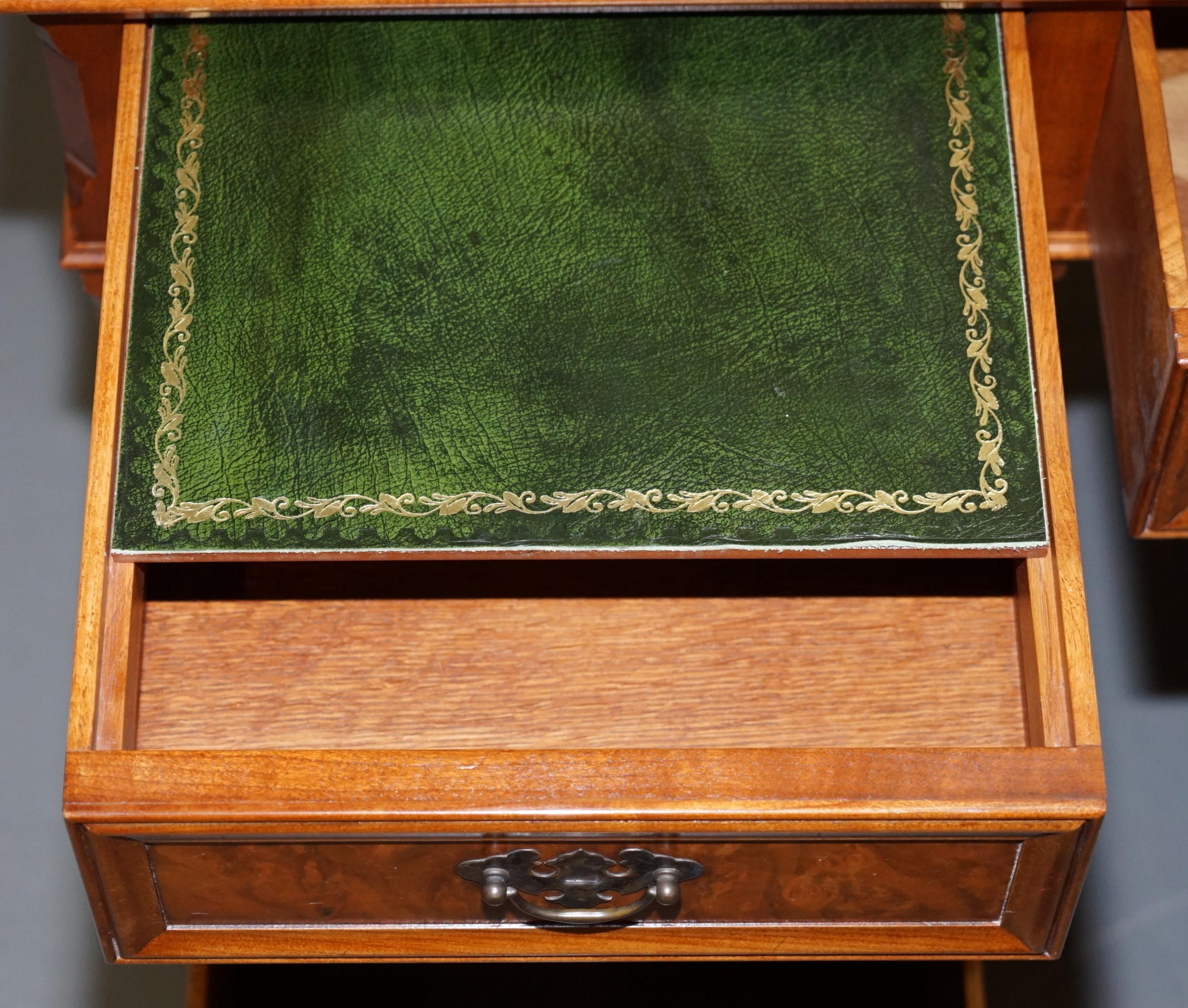 Stunning Rare Burr Walnut Green Leather Twin Pedestal Partner Desk Mouse Shelf 13