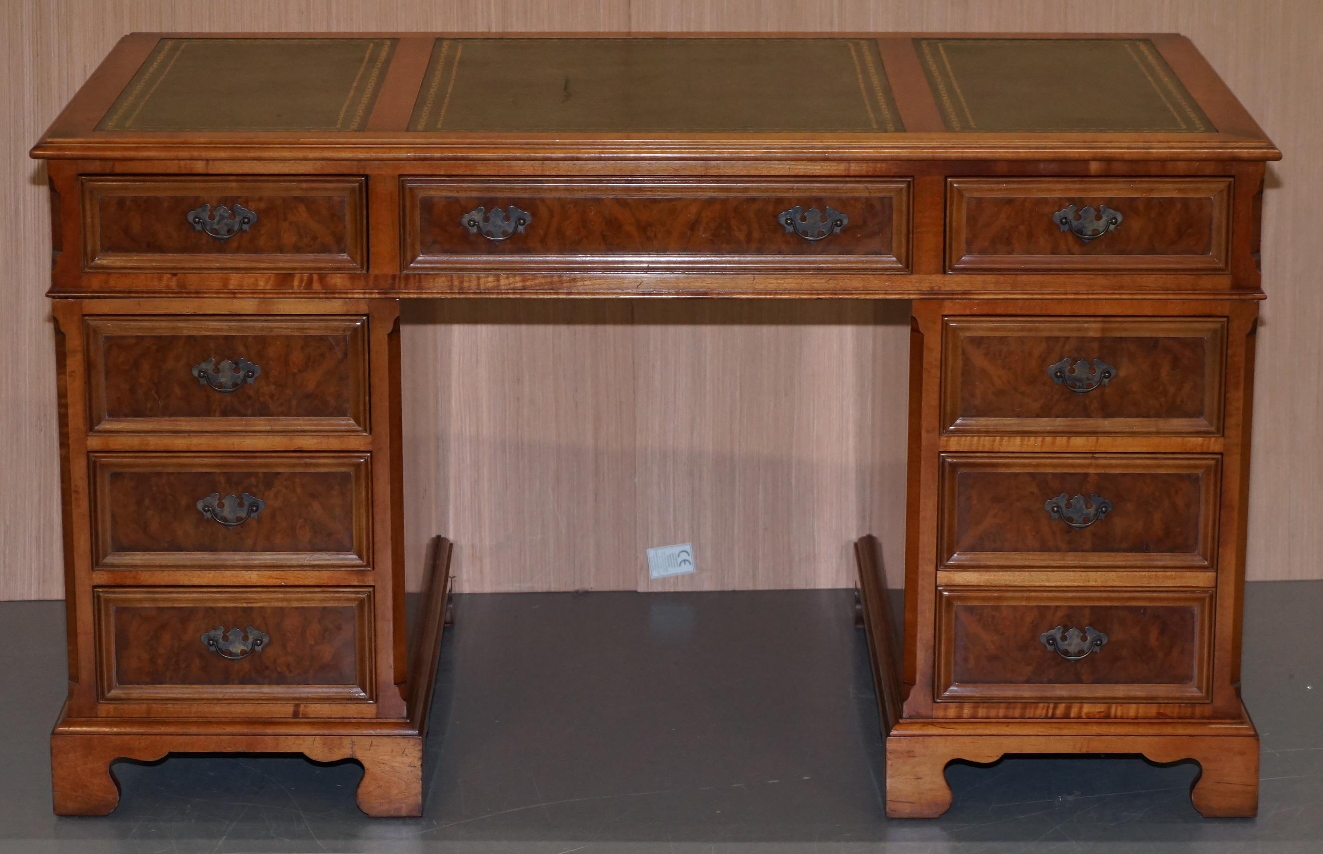 Modern Stunning Rare Burr Walnut Green Leather Twin Pedestal Partner Desk Mouse Shelf