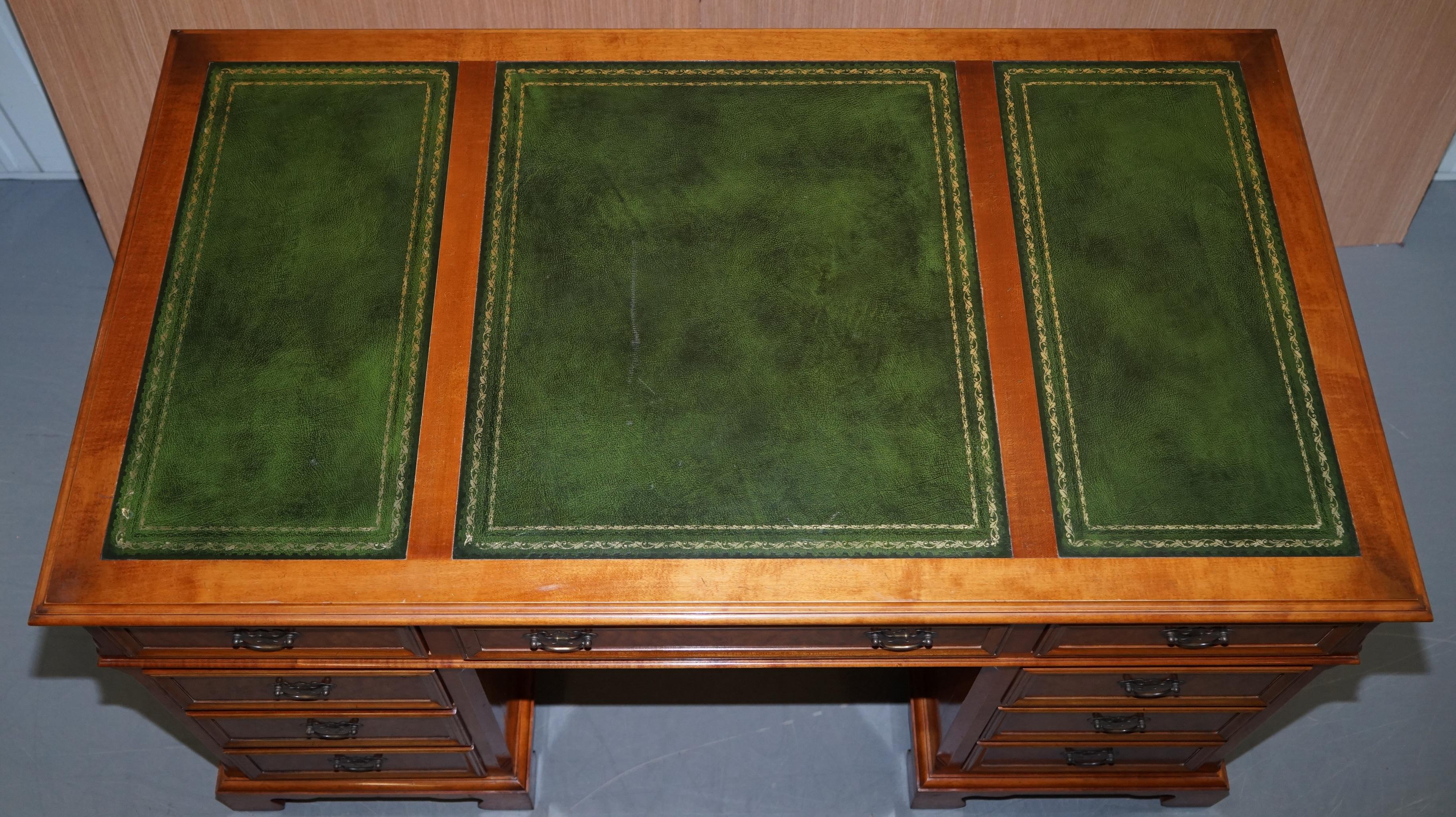 English Stunning Rare Burr Walnut Green Leather Twin Pedestal Partner Desk Mouse Shelf