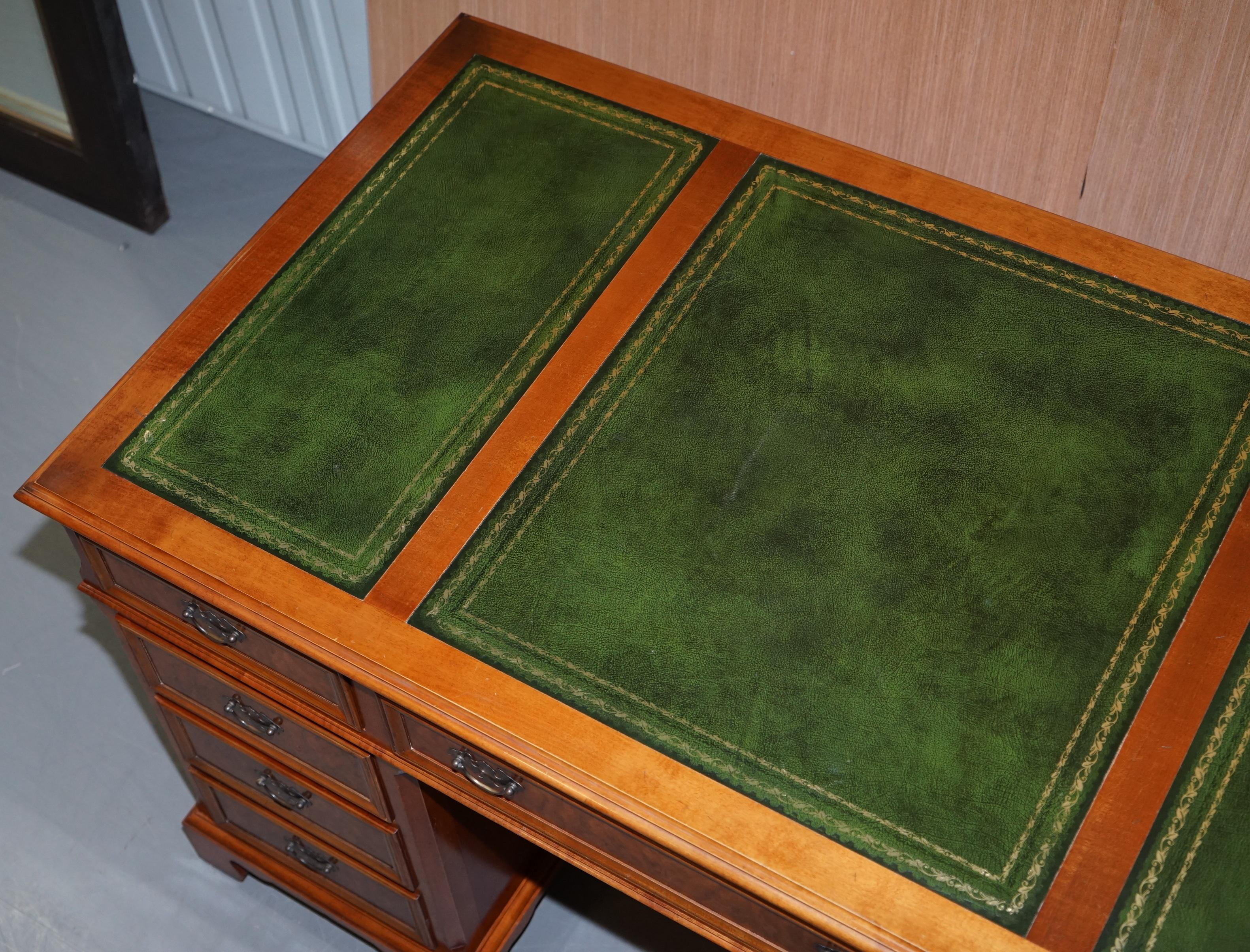 Hand-Crafted Stunning Rare Burr Walnut Green Leather Twin Pedestal Partner Desk Mouse Shelf