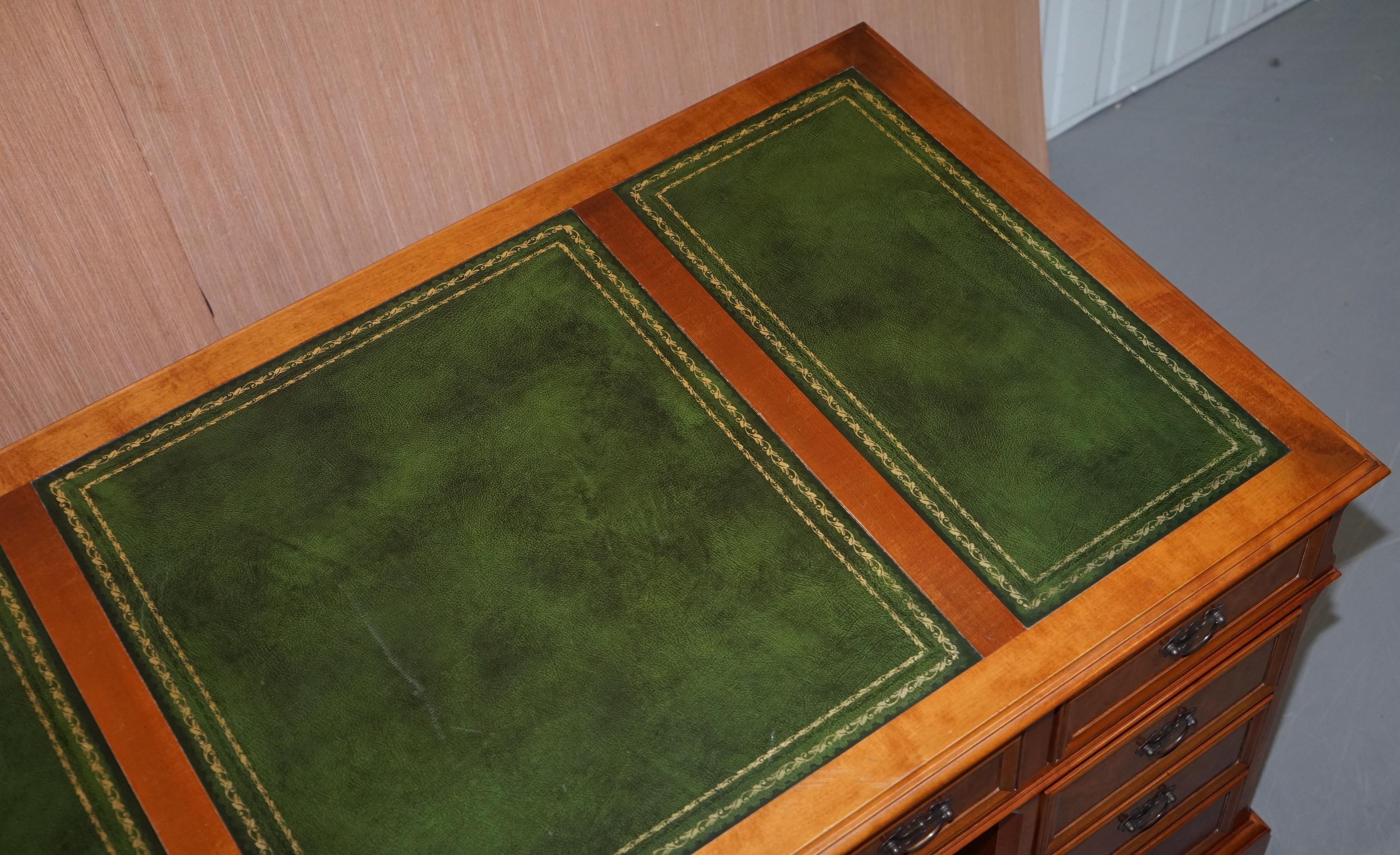Stunning Rare Burr Walnut Green Leather Twin Pedestal Partner Desk Mouse Shelf In Good Condition In West Sussex, Pulborough