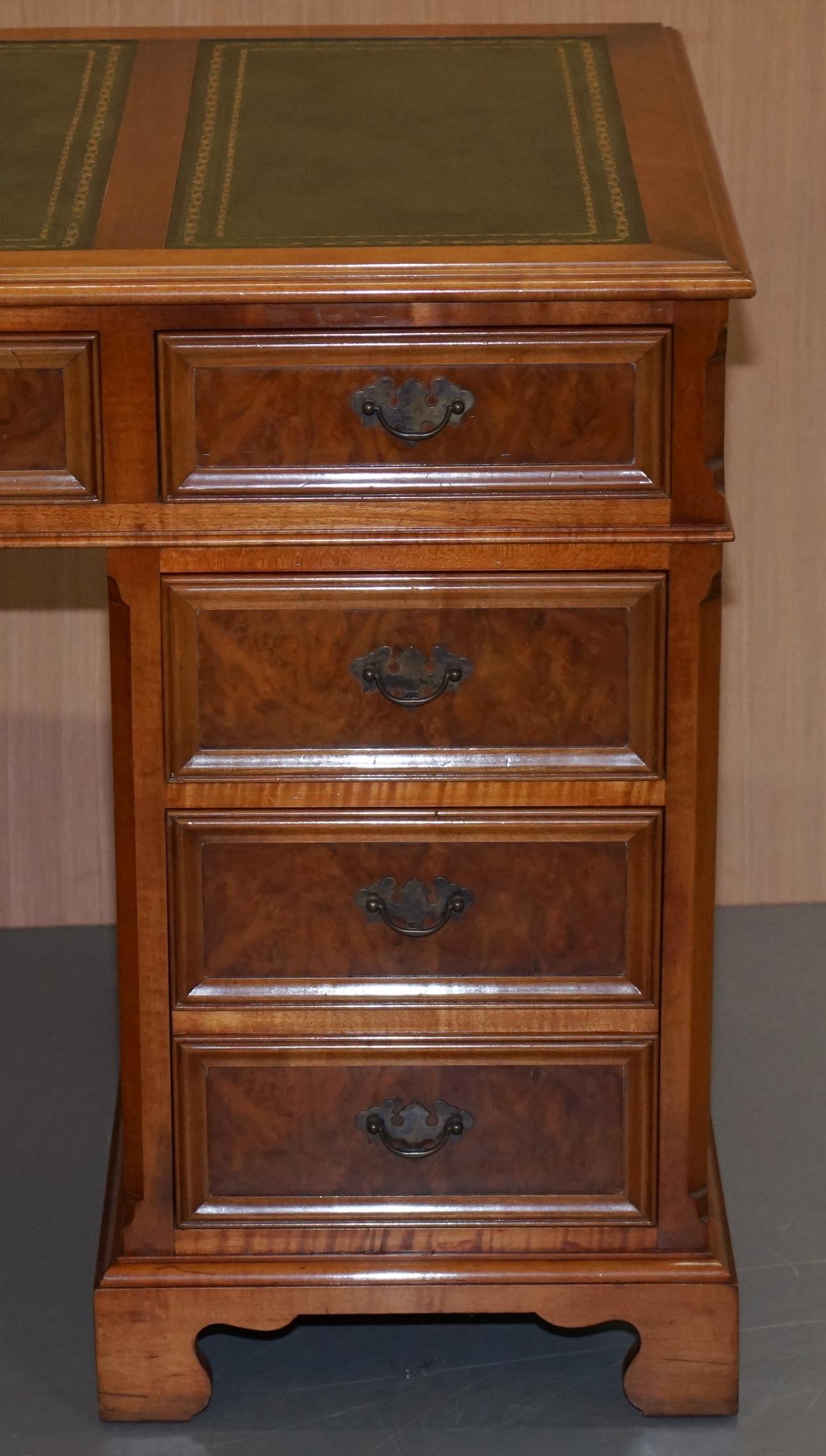 20th Century Stunning Rare Burr Walnut Green Leather Twin Pedestal Partner Desk Mouse Shelf