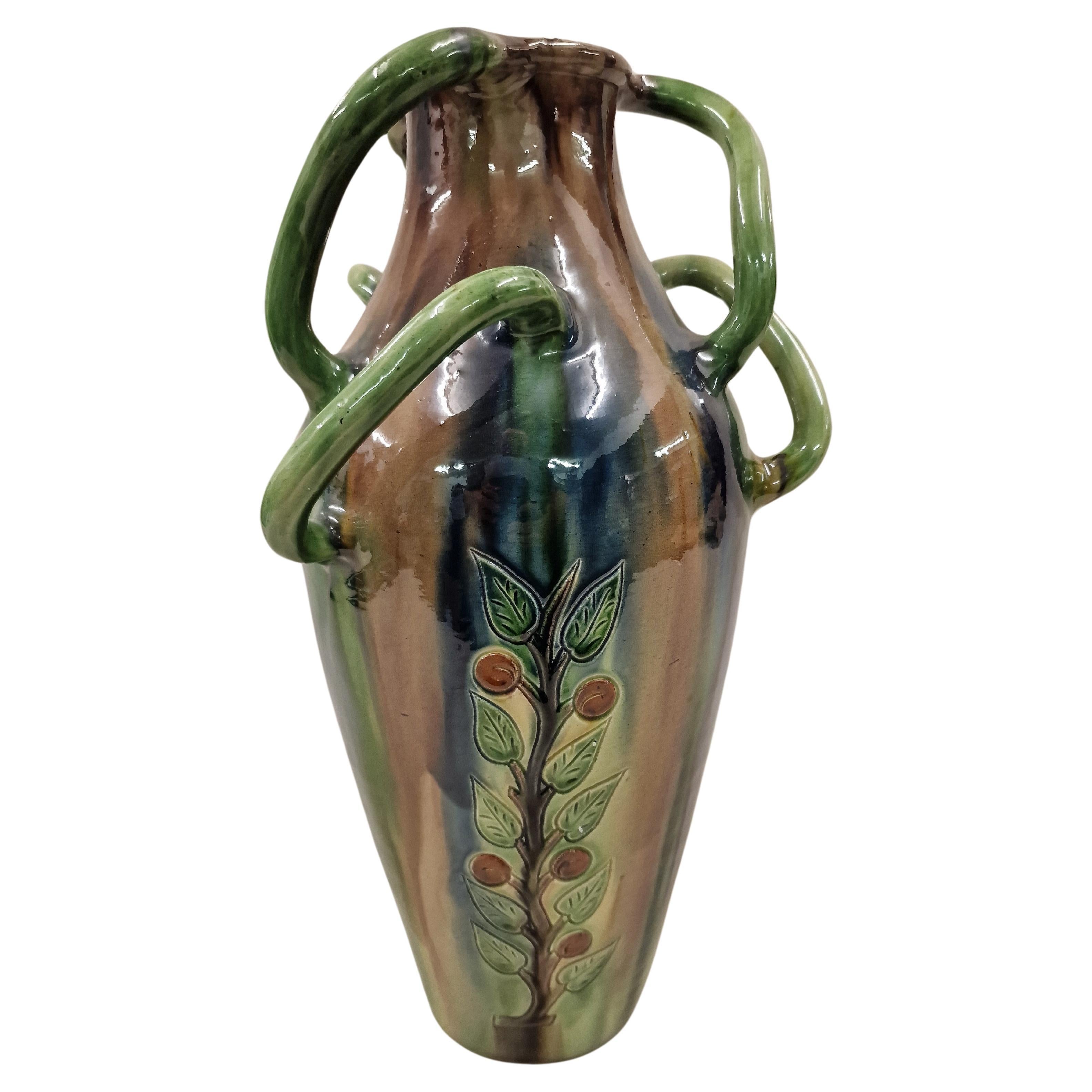 Superbe vase abstrait floral ancien, céramique Art Nouveau, 1910, Belgique