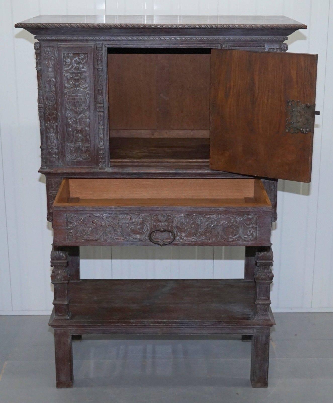Stunning Rare Find 17th Century Limed Oak Pot Kitchen Cupboard Hand-Carved 4