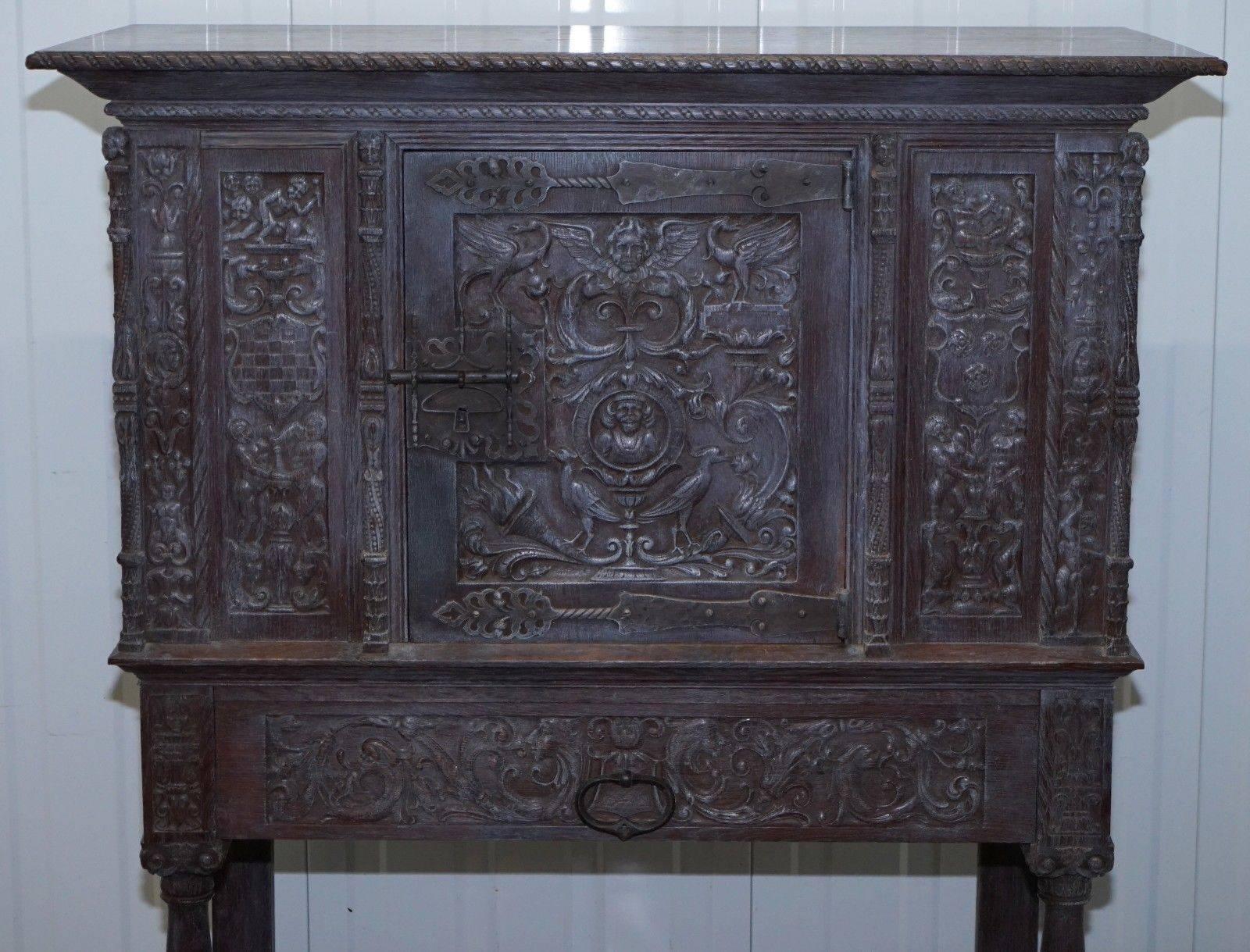 James II Stunning Rare Find 17th Century Limed Oak Pot Kitchen Cupboard Hand-Carved