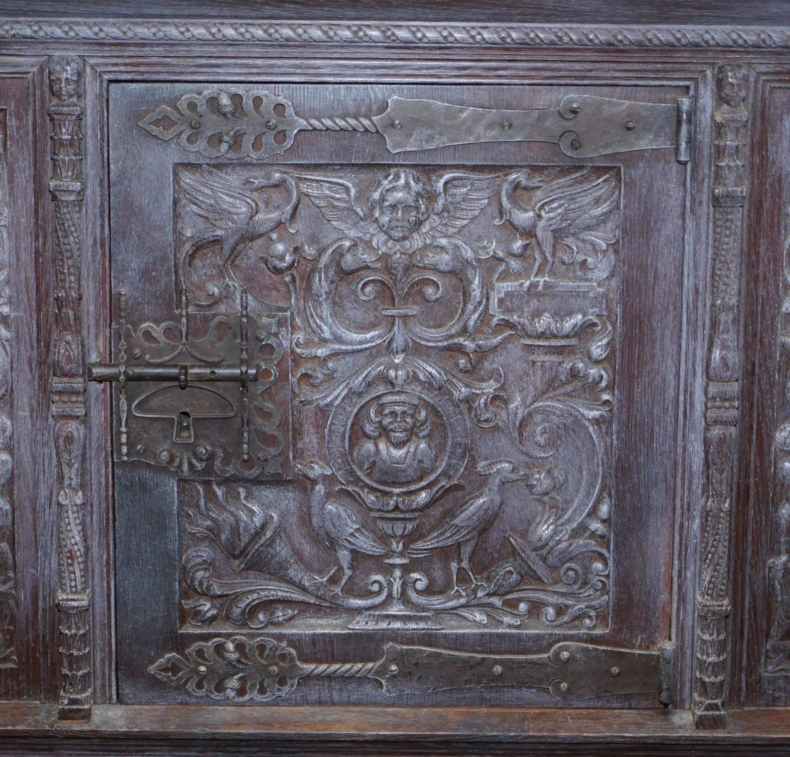 British Stunning Rare Find 17th Century Limed Oak Pot Kitchen Cupboard Hand-Carved
