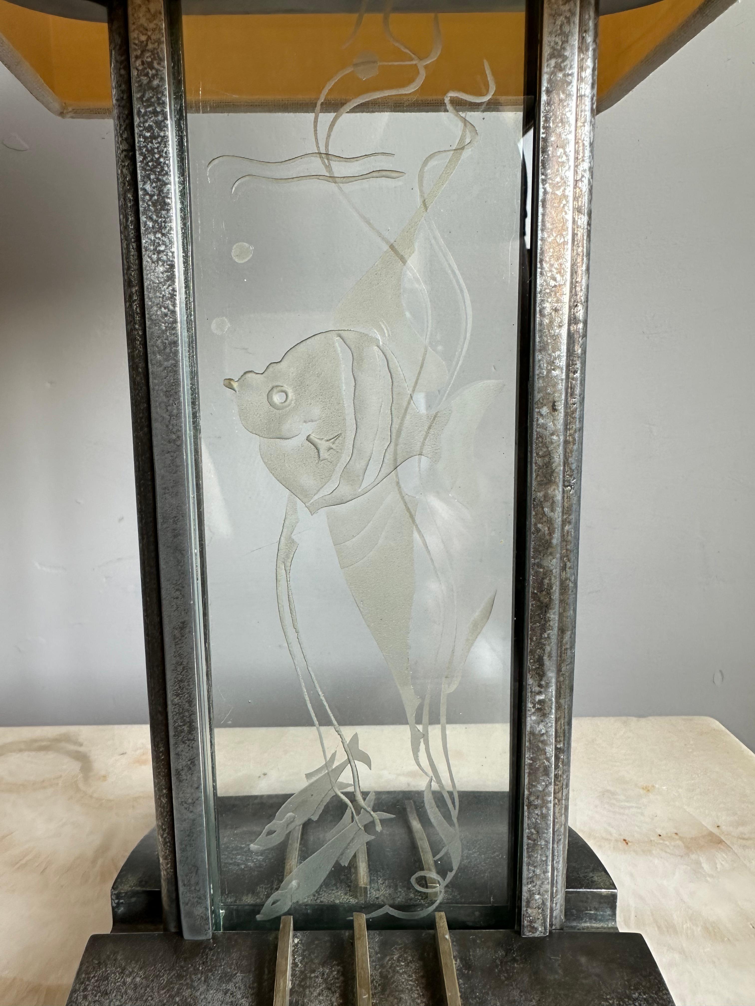 Stunning & Rare Art Deco Etched Glass & Metal Moonfish Theme Aquarium Table Lamp For Sale 3