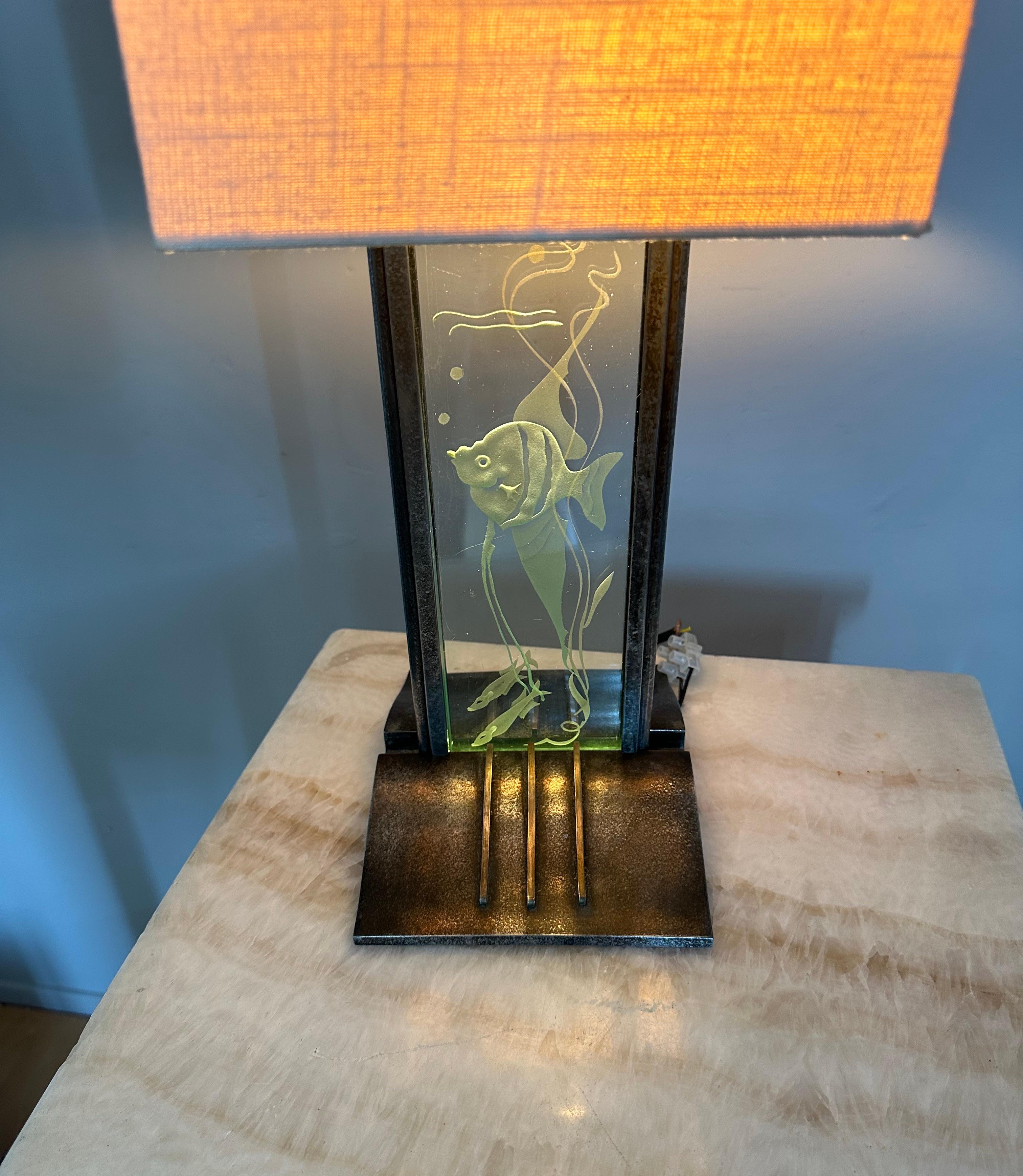 Frosted Stunning & Rare Art Deco Etched Glass & Metal Moonfish Theme Aquarium Table Lamp For Sale