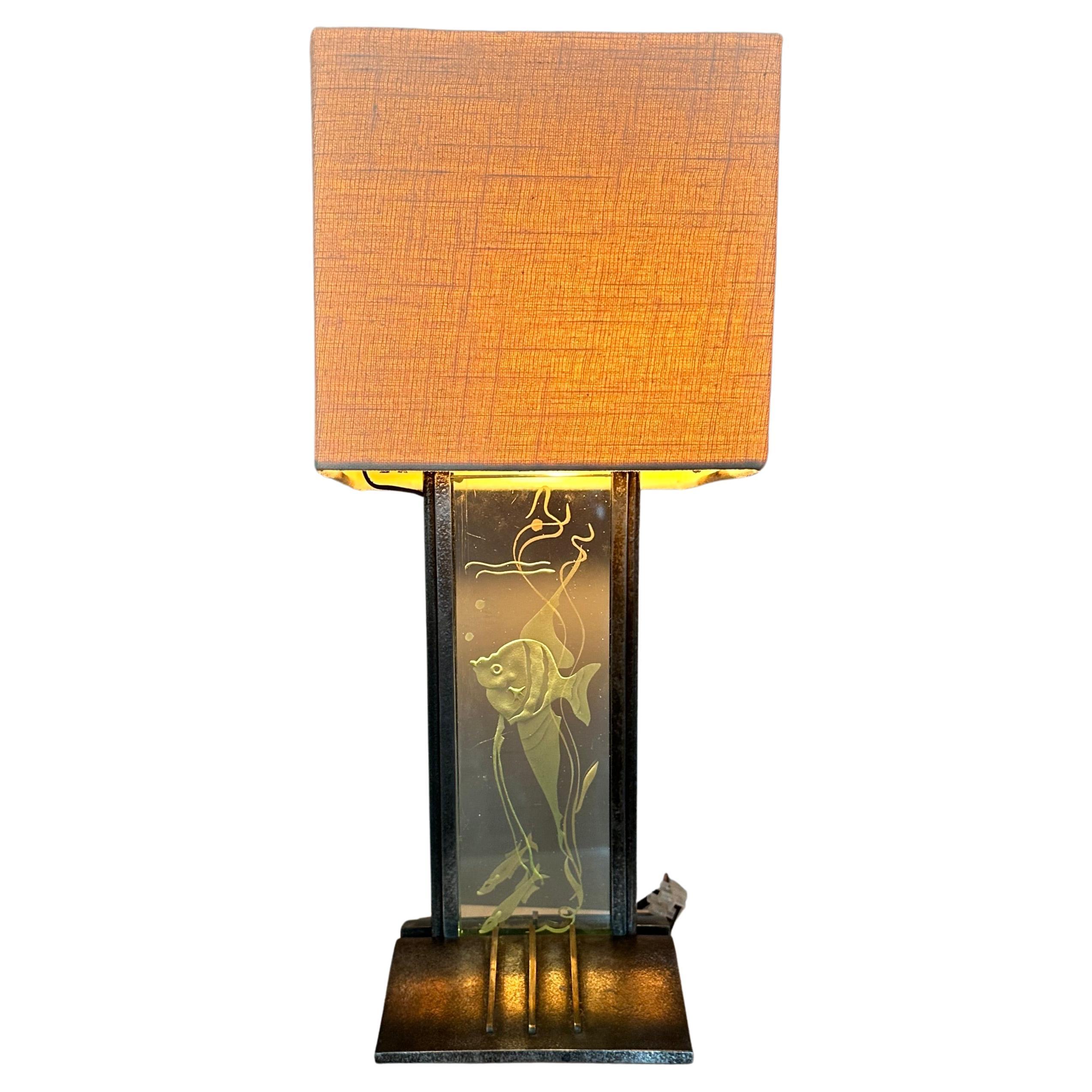 Stunning & Rare Art Deco Etched Glass & Metal Moonfish Theme Aquarium Table Lamp For Sale