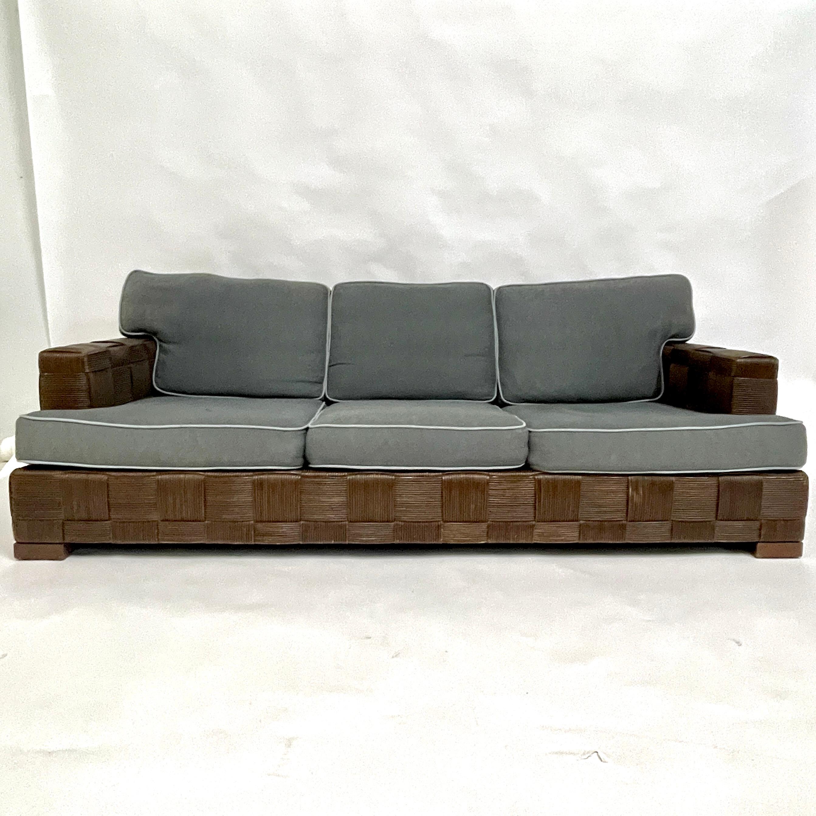 Stunning & Rare John Hutton for Donghia 'Block Island' Sofa of Wicker & Mahogany For Sale 1
