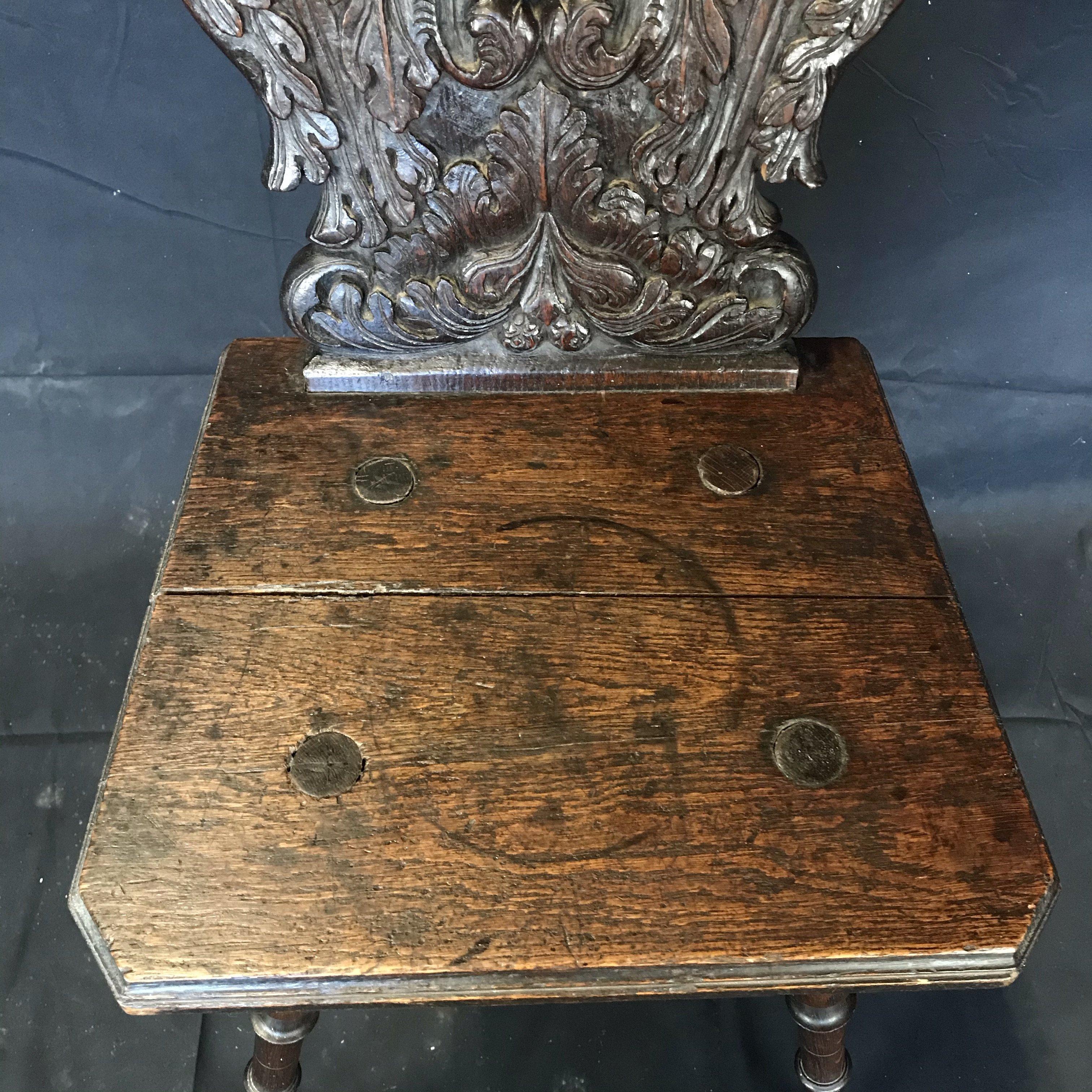 Stunning Rare Oak British Chair with Beautifully Carved Back In Good Condition In Hopewell, NJ