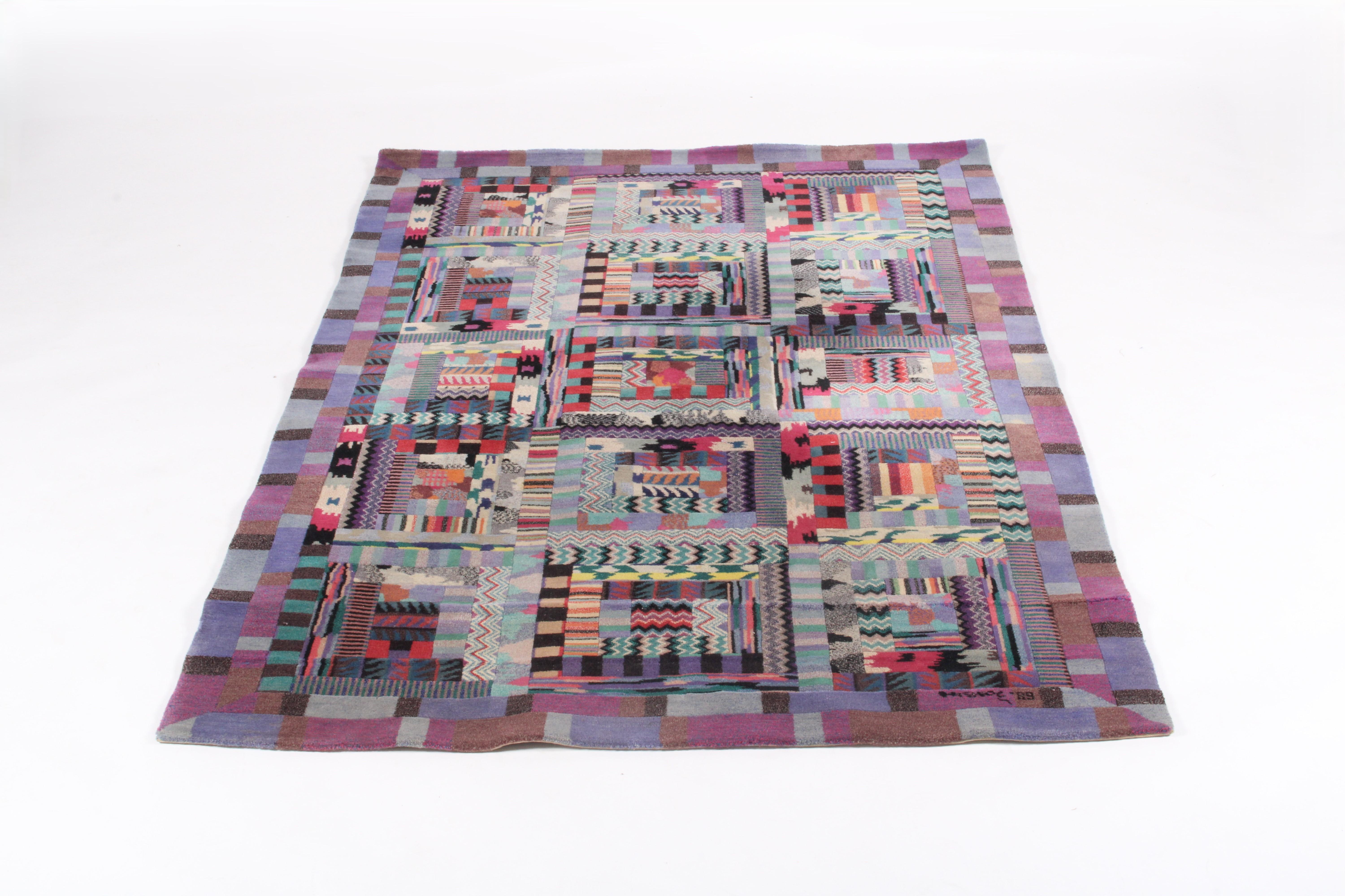 This stunning rare original rug dates from 1989 and has the Missoni signature and date woven into the corner. In pure wool and full of colour and geometric patterns it is certain to make a real design impact to your home or interior design project.