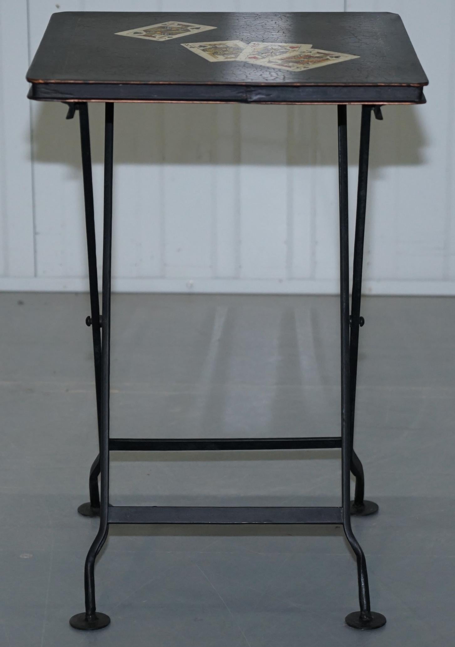 Stunning Rare Pair of Vintage Hand Painted Folding Metal Card Games Side Tables 2