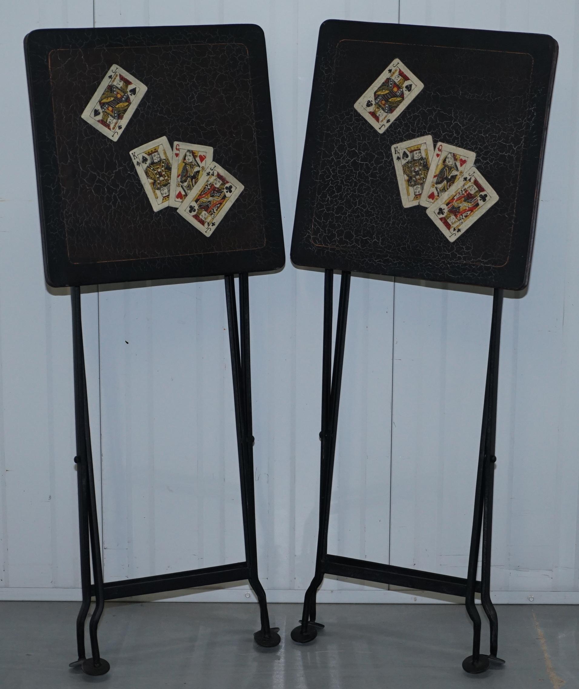 Stunning Rare Pair of Vintage Hand Painted Folding Metal Card Games Side Tables 8