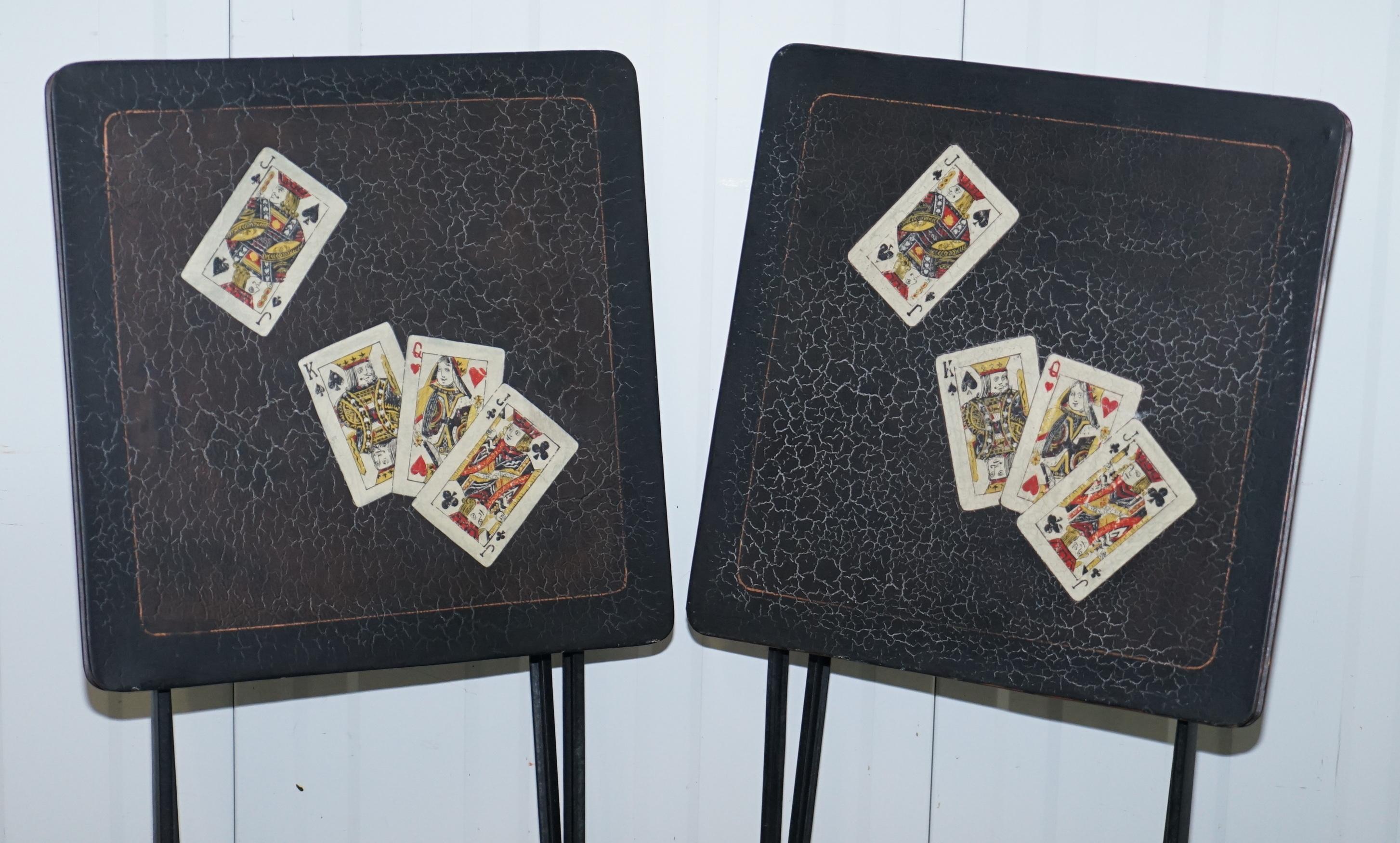 Stunning Rare Pair of Vintage Hand Painted Folding Metal Card Games Side Tables 9