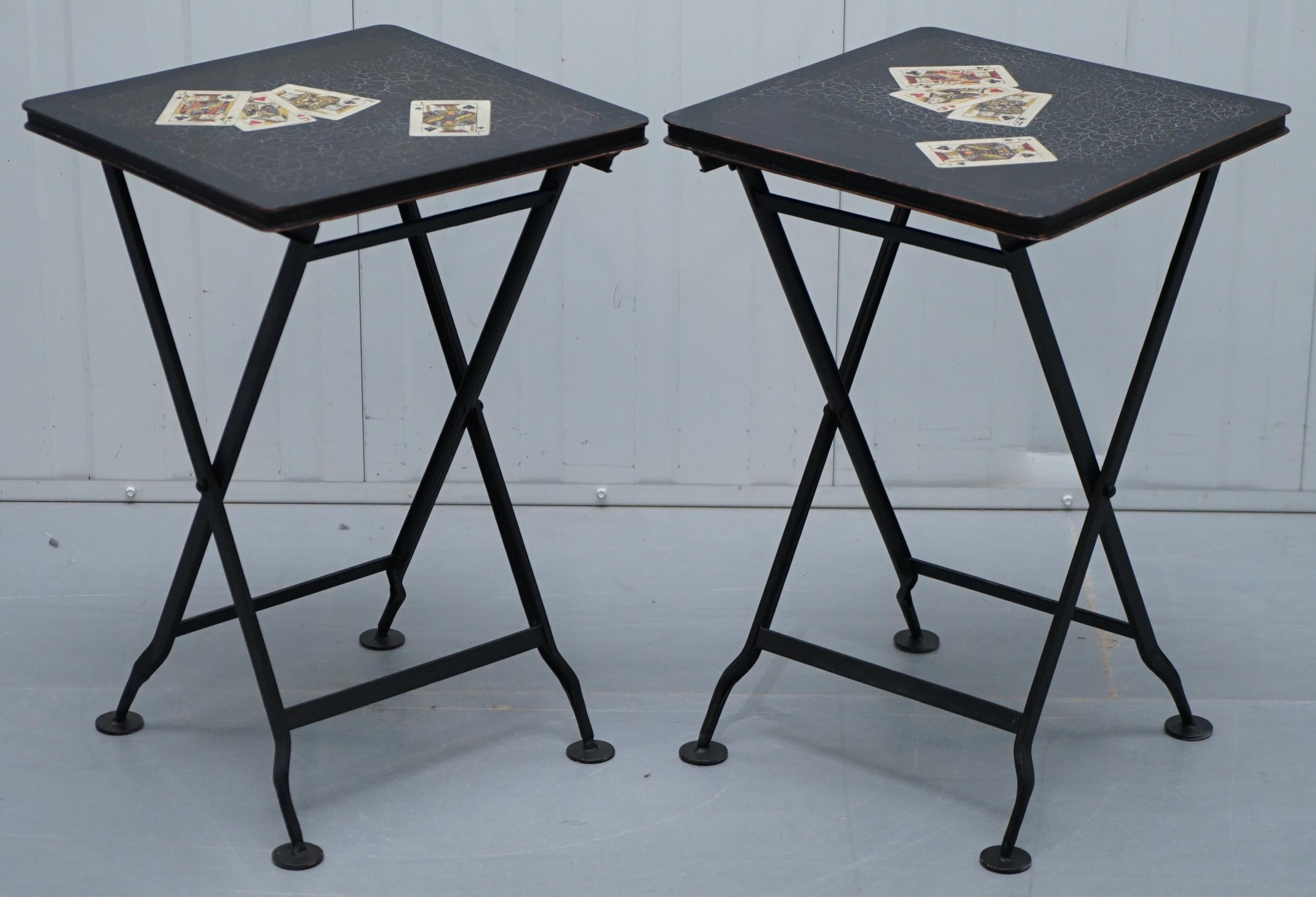 We are delighted to offer for sale this stunning pair of original vintage hand painted metal folding card games tables.

A very good looking and well pair, the paint has the distressed vintage finish you see on hundred year old original paint but