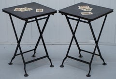 Stunning Rare Pair of Vintage Hand Painted Folding Metal Card Games Side Tables