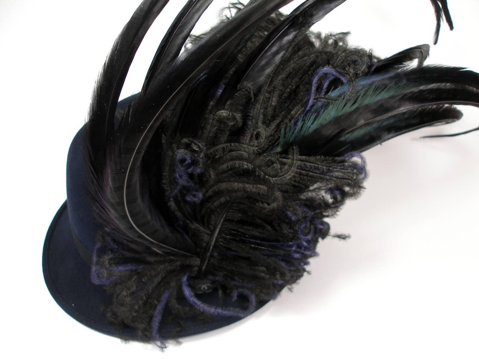 Stunning Rare Rare Chanel CC Logo Rabbit Felt Hat and Feather Black Size M  6