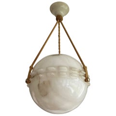 Stunning & Rare White & Black Moon-Like Alabaster Art Deco Pendant W. Rope Chain