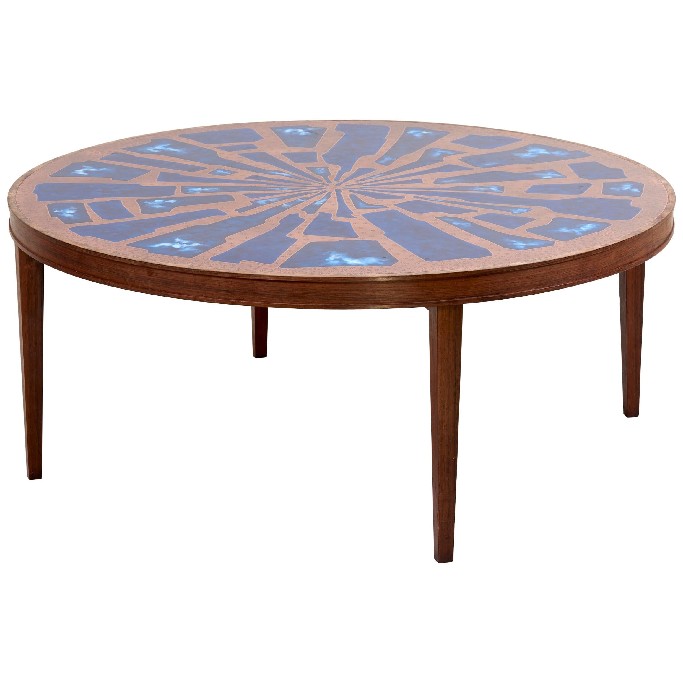 Stunning Rare Wood Coffee Table with Copper and Enamel Style Top For Sale