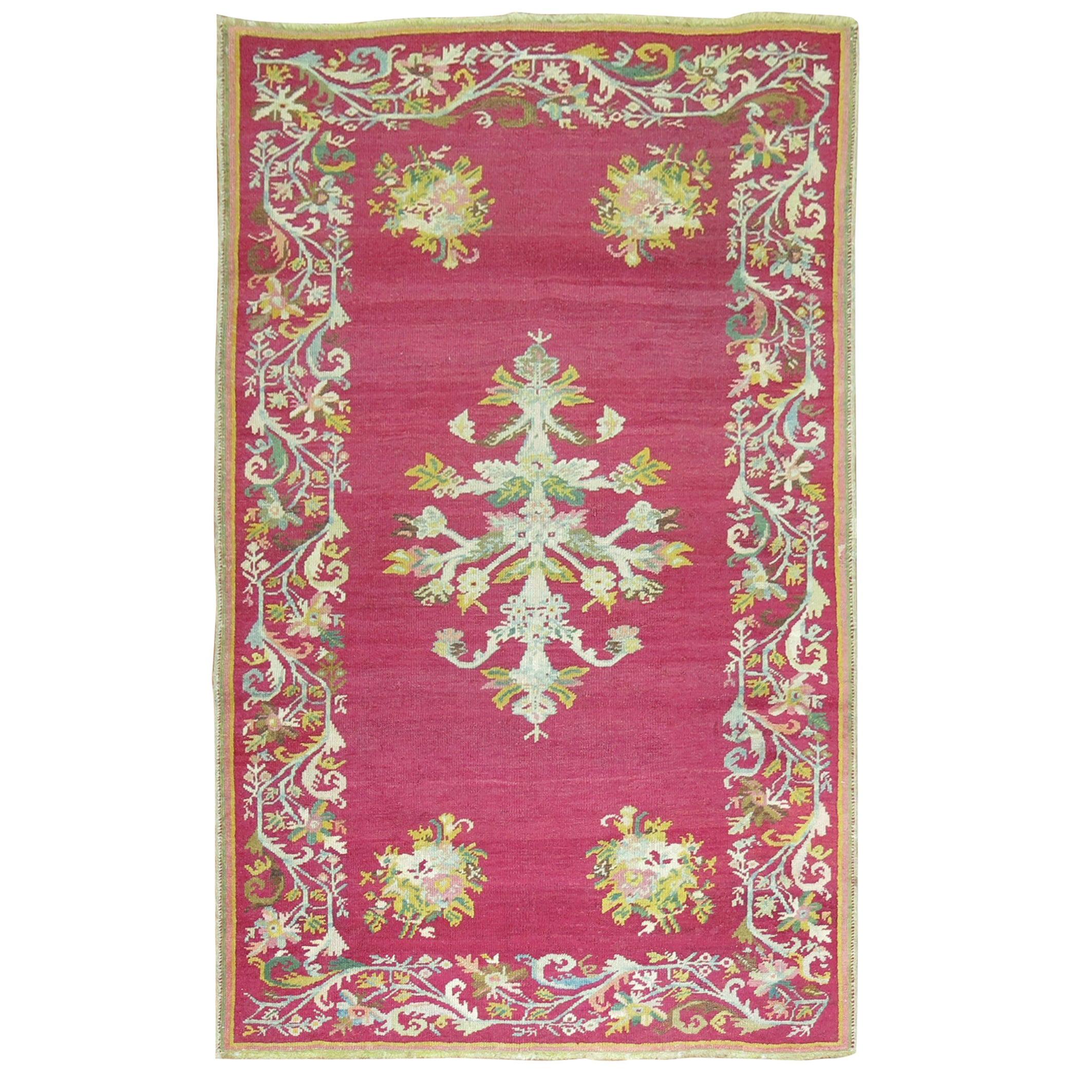 Stunning Raspberry Turkish Ghiordes Floral Carpet For Sale