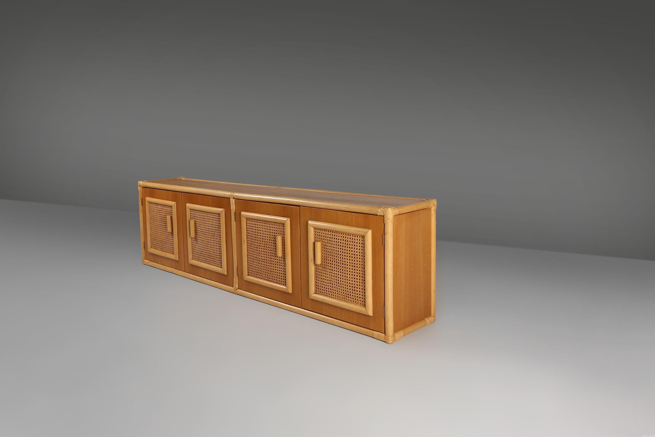 Stunning rattan and wood four doors sideboard, France, 1960s For Sale 7