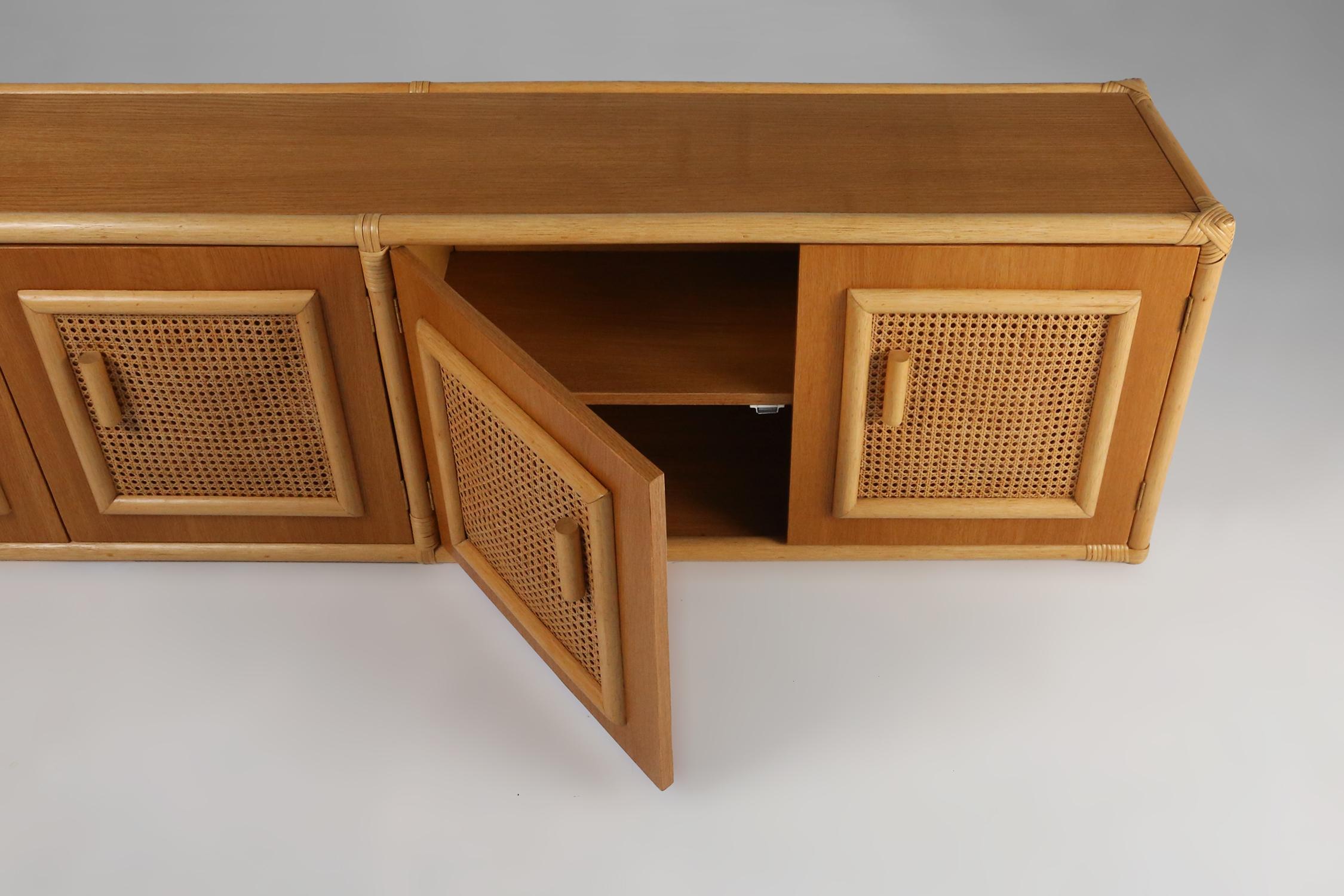 French Stunning rattan and wood four doors sideboard, France, 1960s For Sale