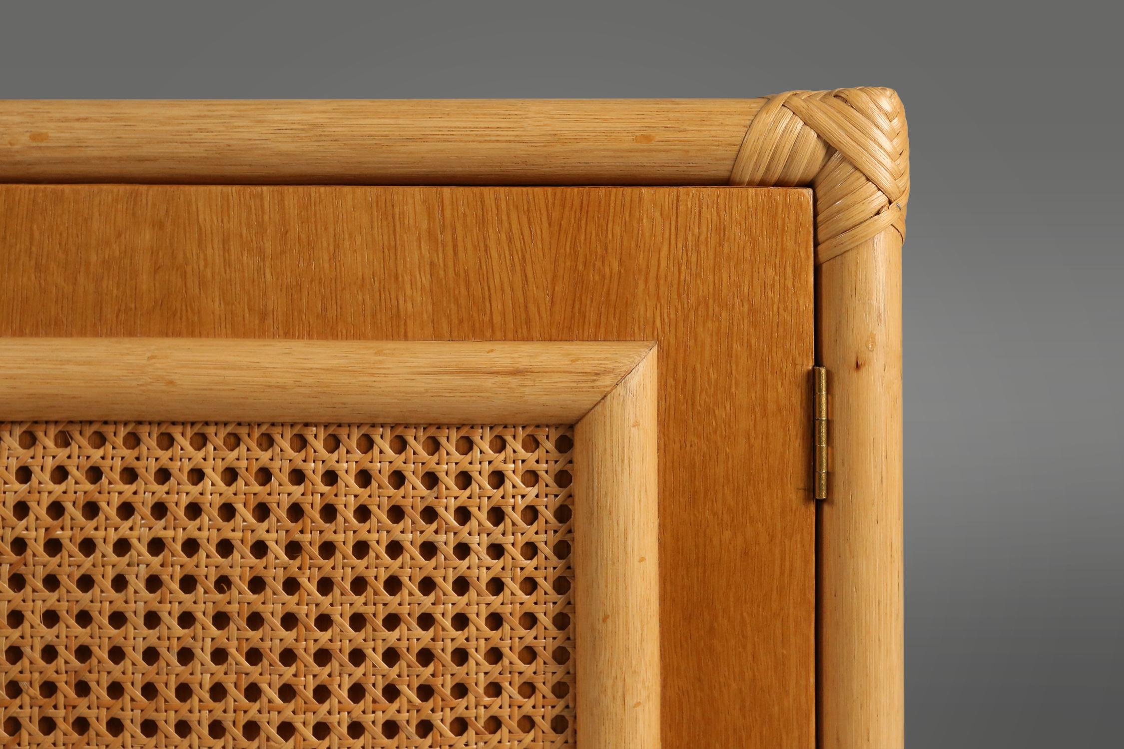 Mid-20th Century Stunning rattan and wood four doors sideboard, France, 1960s For Sale