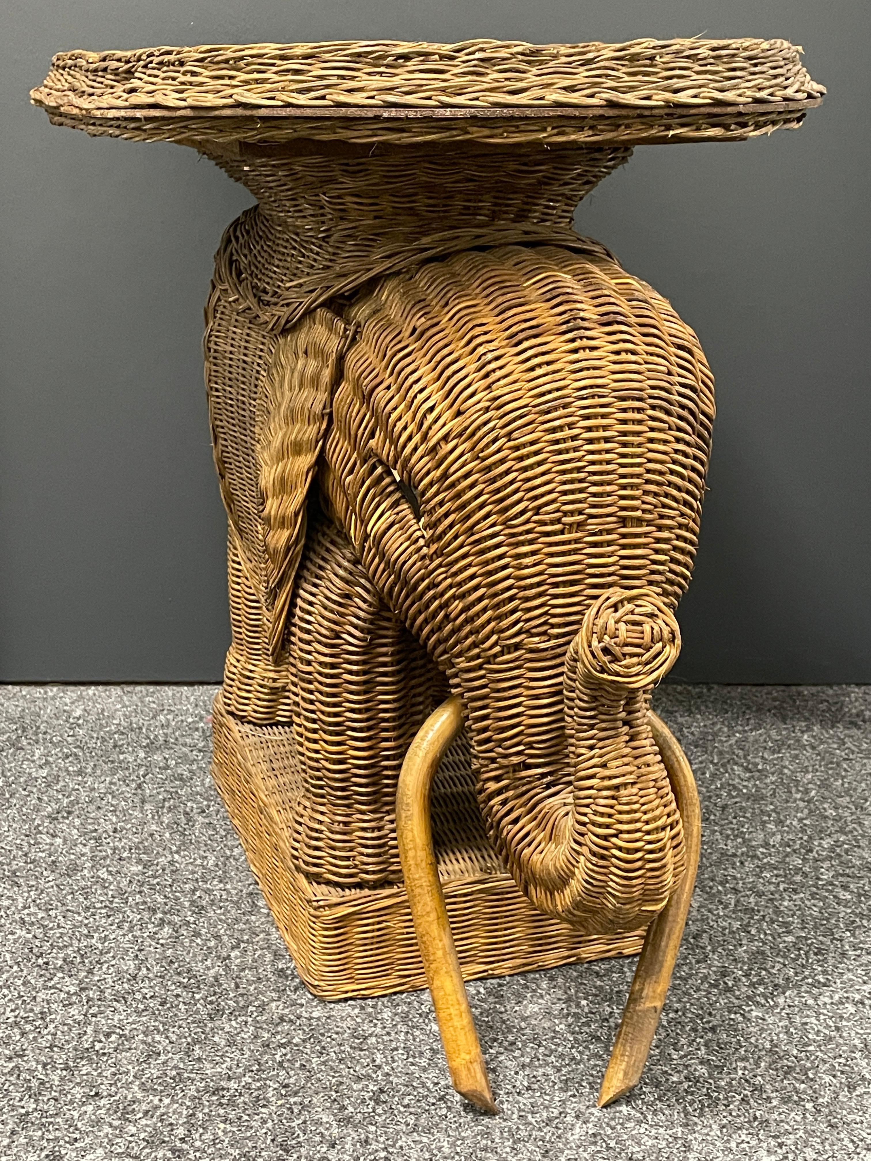 Hollywood Regency Stunning Rattan Wicker Elephant Side Table with Large Tray, France, 1960s