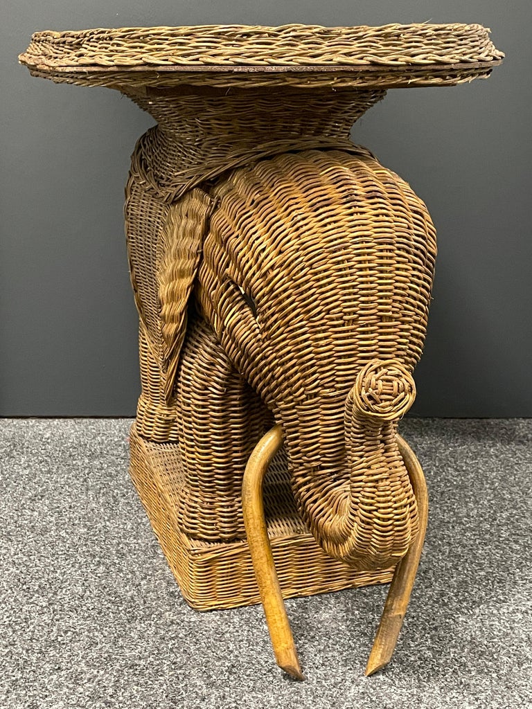 Stunning Rattan Wicker Elephant Side Table with Large Tray, France, 1960s at 1stDibs