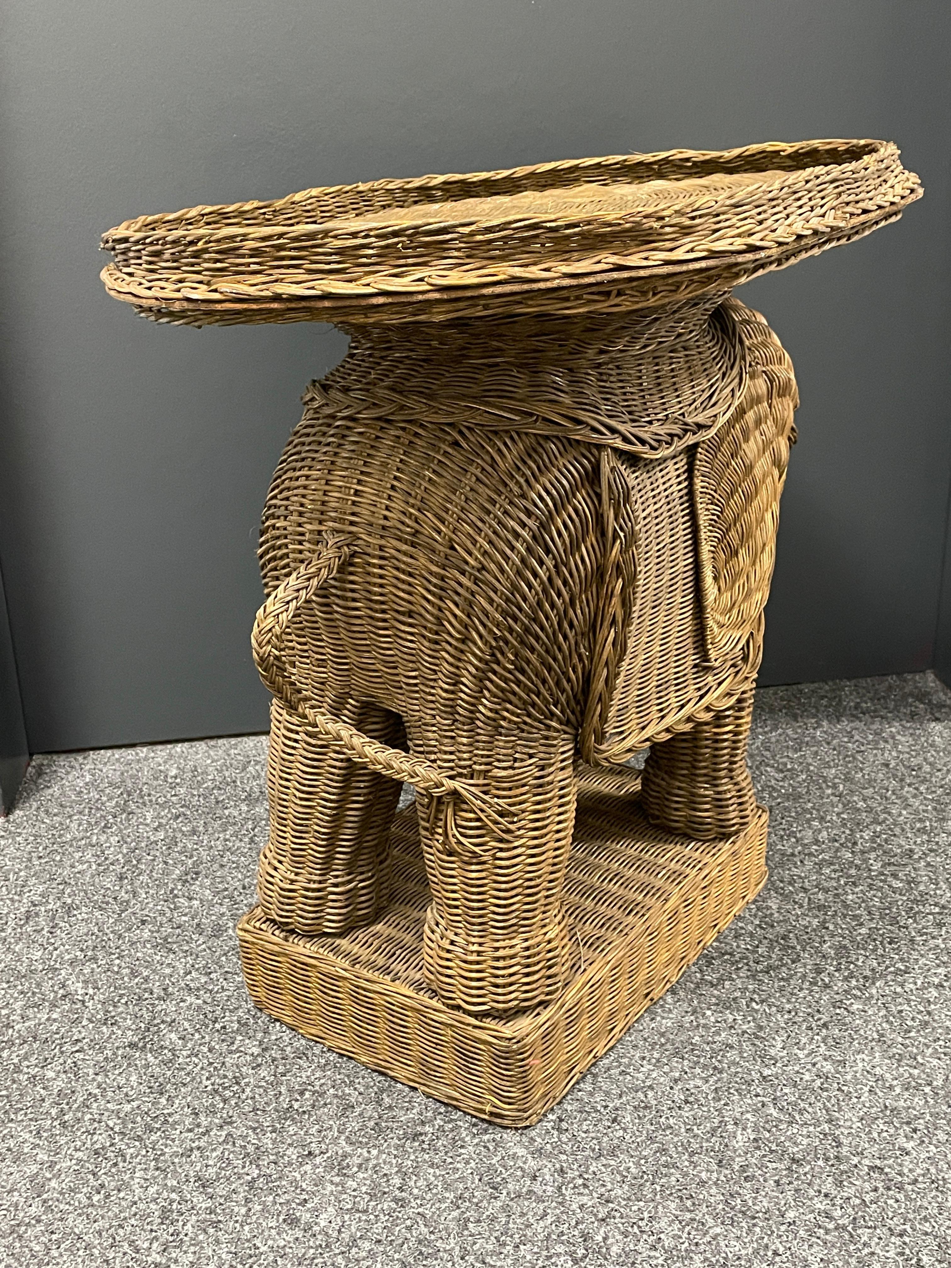 Stunning Rattan Wicker Elephant Side Table with Large Tray, France, 1960s 1