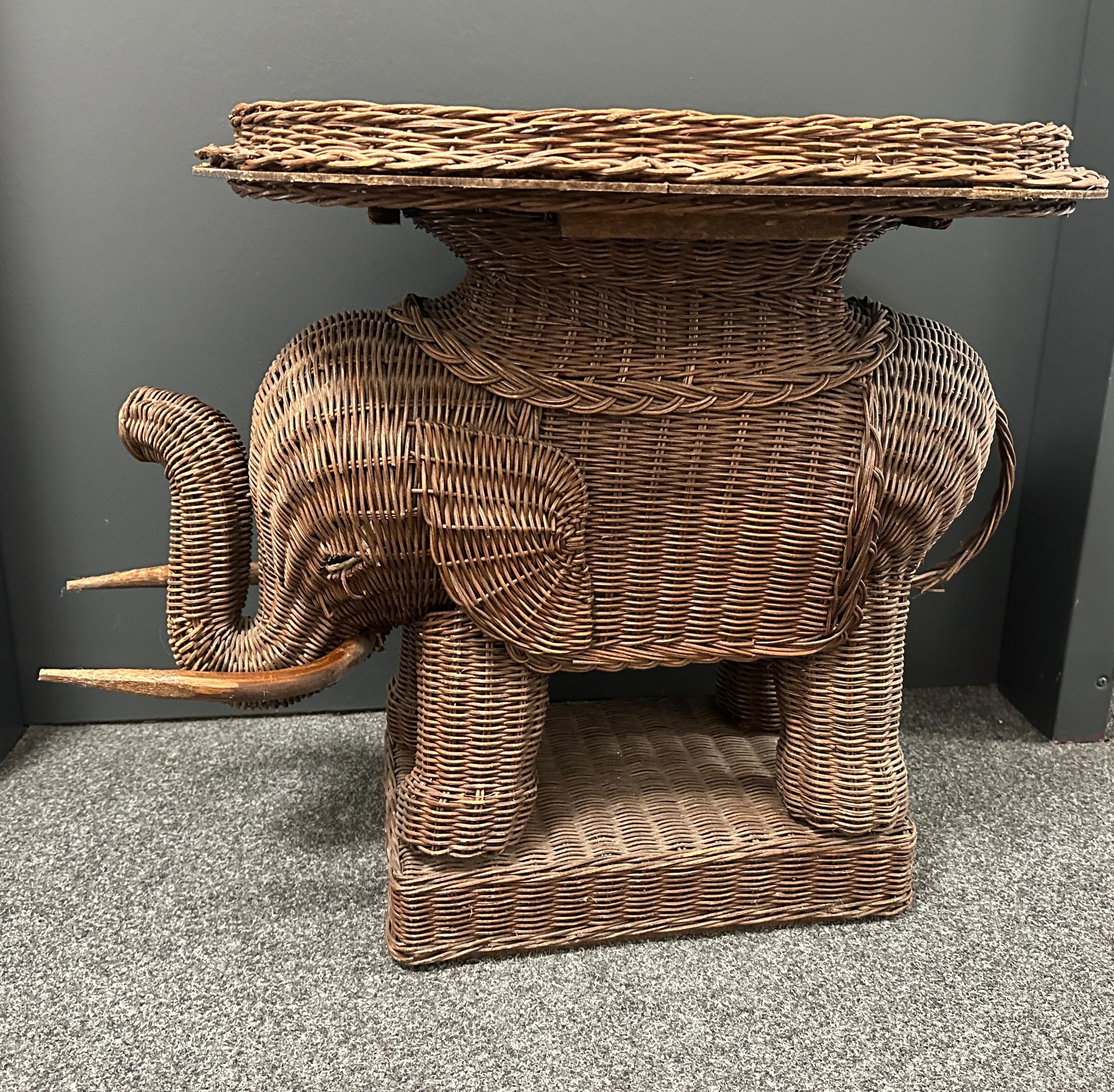 Stunning Rattan Wicker Elephant Side Table with Tray, France, 1960s For Sale 8