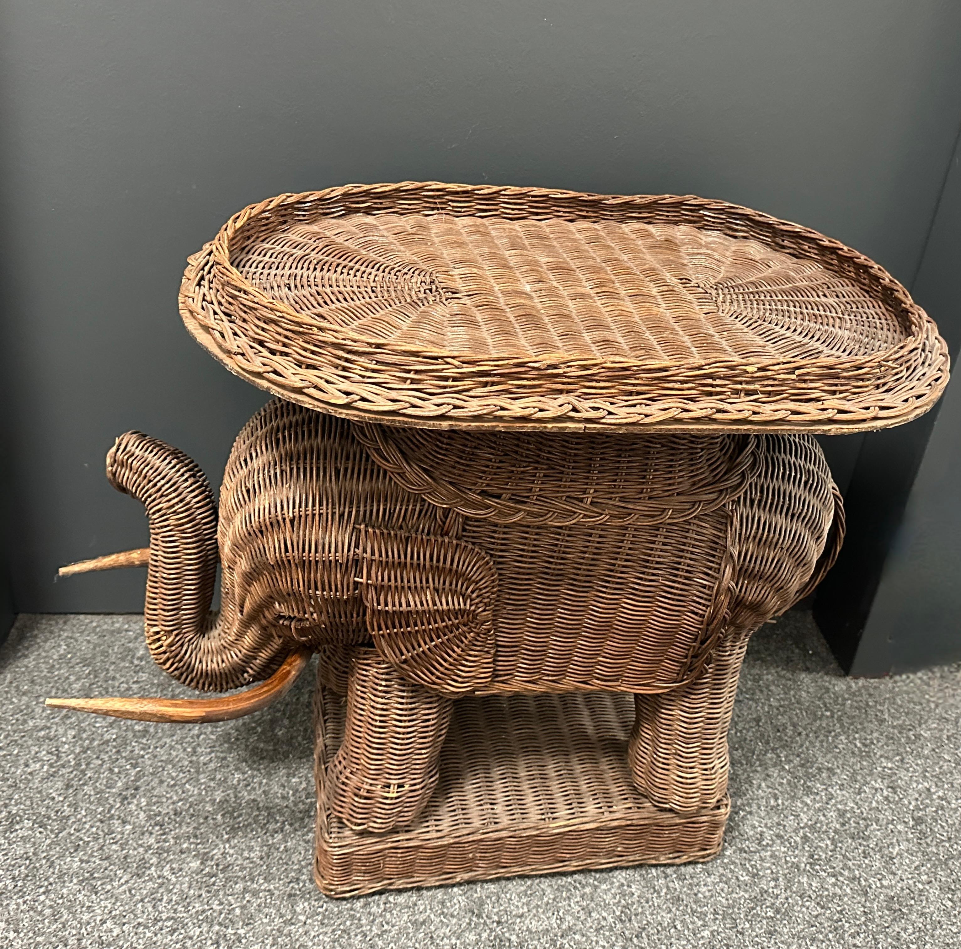 Stunning Rattan Wicker Elephant Side Table with Tray, France, 1960s For Sale 9