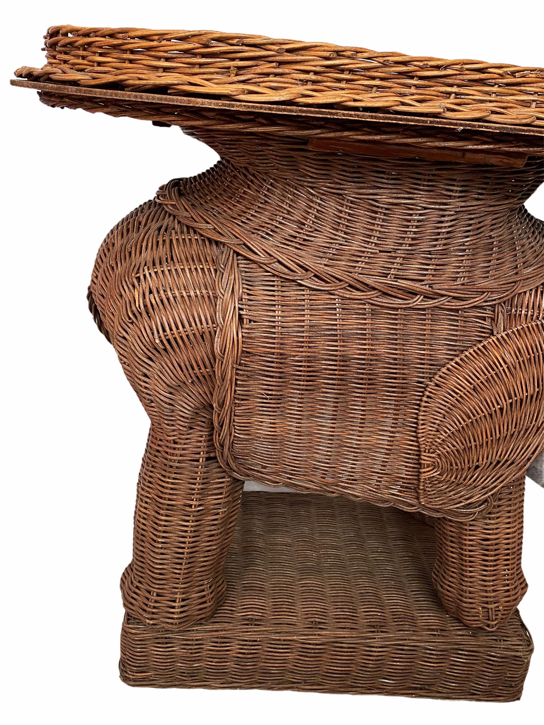 Hollywood Regency Stunning Rattan Wicker Elephant Side Table with Tray, France, 1960s