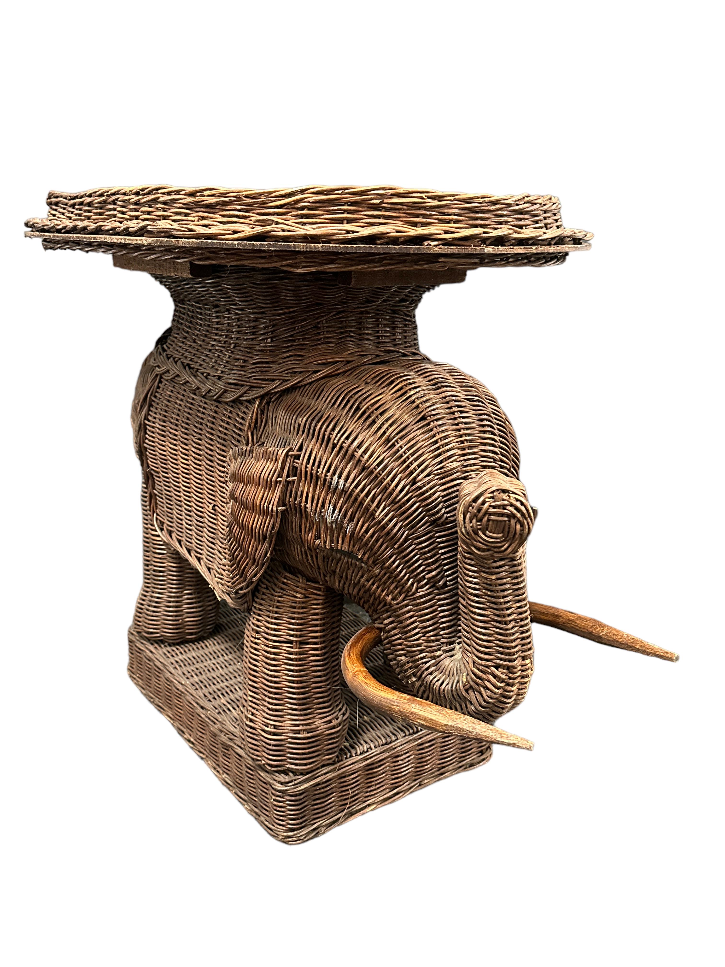 Hollywood Regency Stunning Rattan Wicker Elephant Side Table with Tray, France, 1960s For Sale
