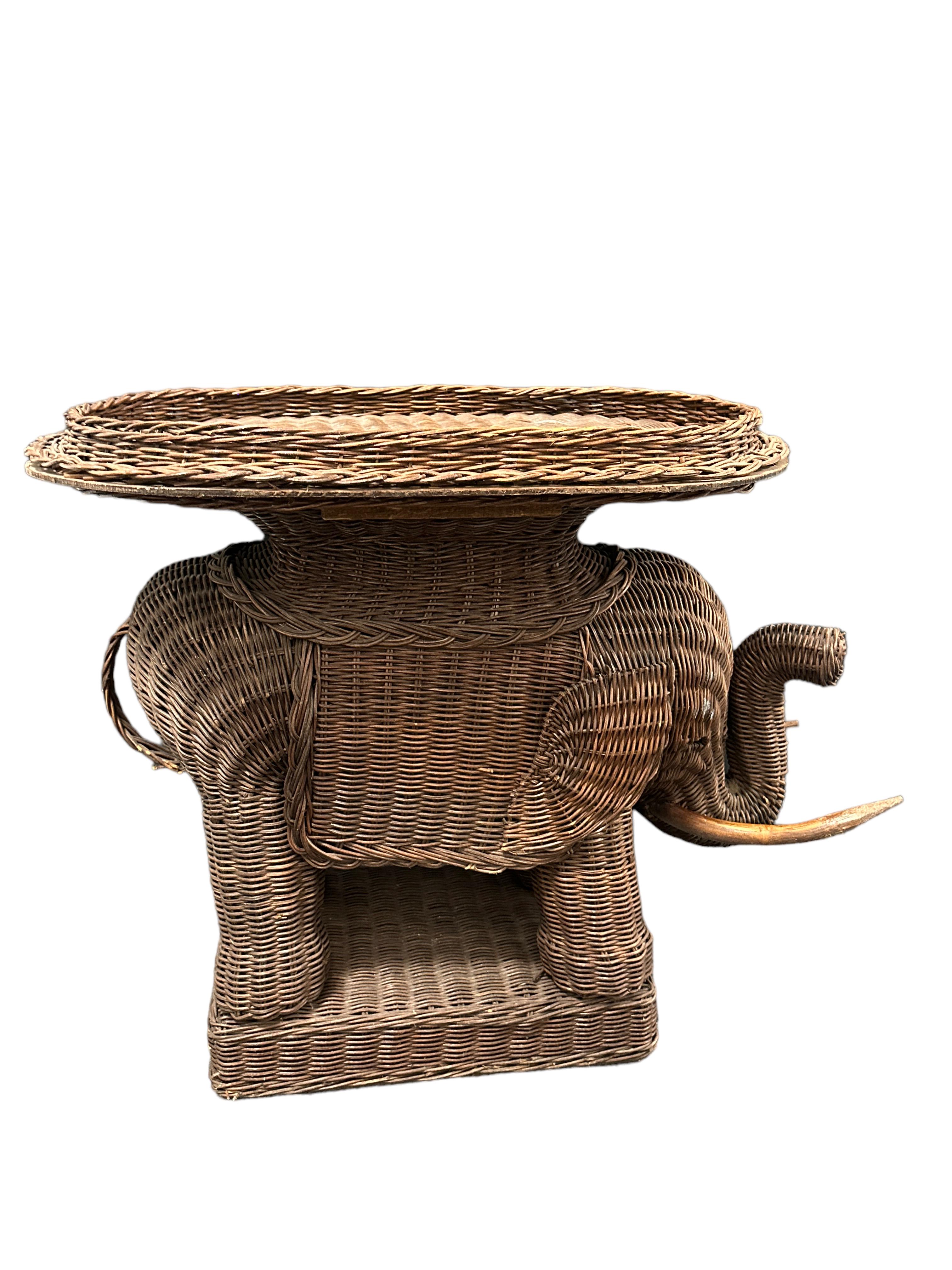 French Stunning Rattan Wicker Elephant Side Table with Tray, France, 1960s For Sale