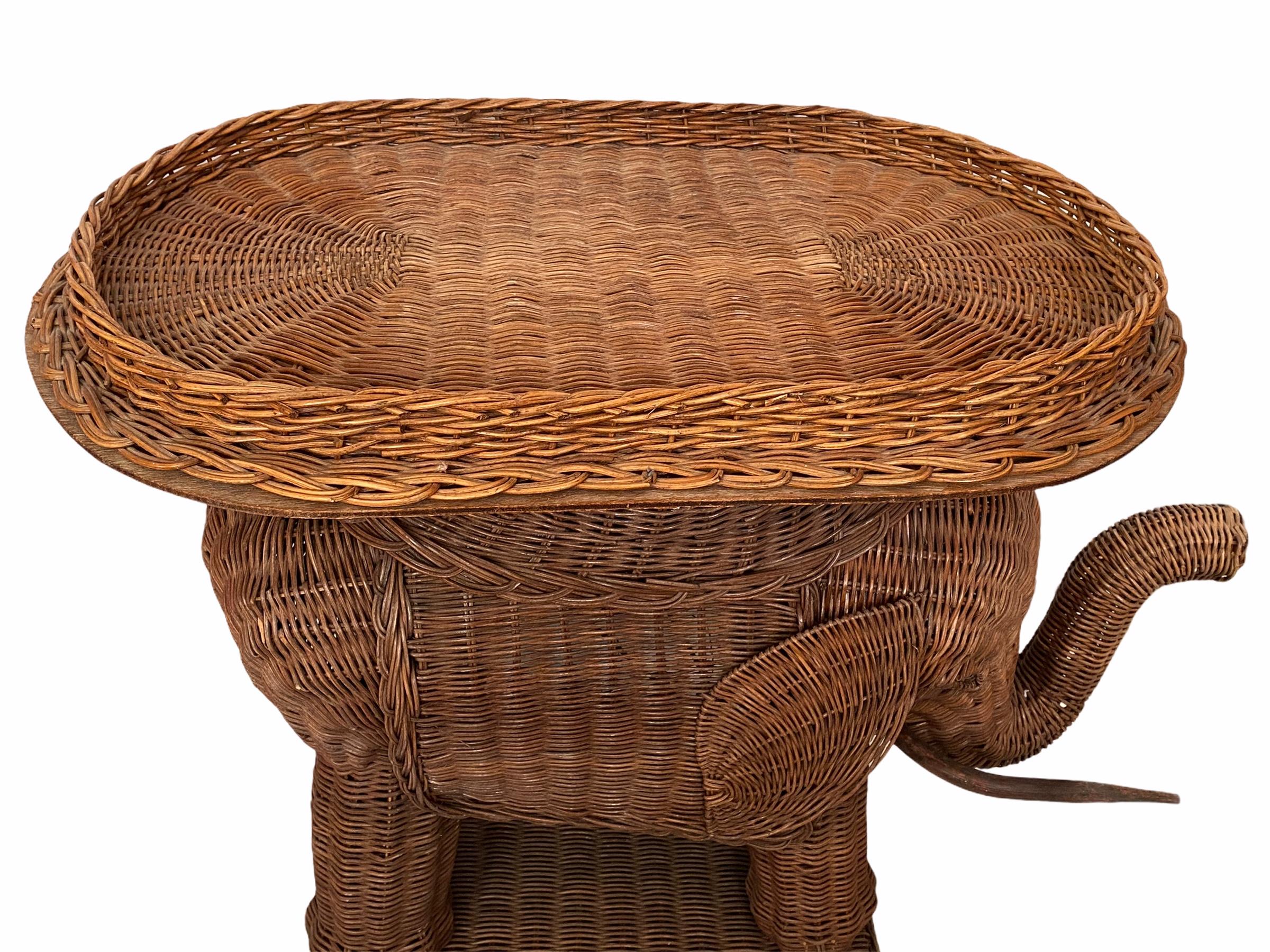 Hand-Crafted Stunning Rattan Wicker Elephant Side Table with Tray, France, 1960s