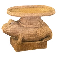Stunning Rattan Wicker Frog Side Table with Tray, Italy, 1960s