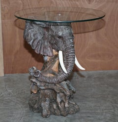Stunning Realistic Hand Painted Elephants Head Side End Lamp Table Round Glass