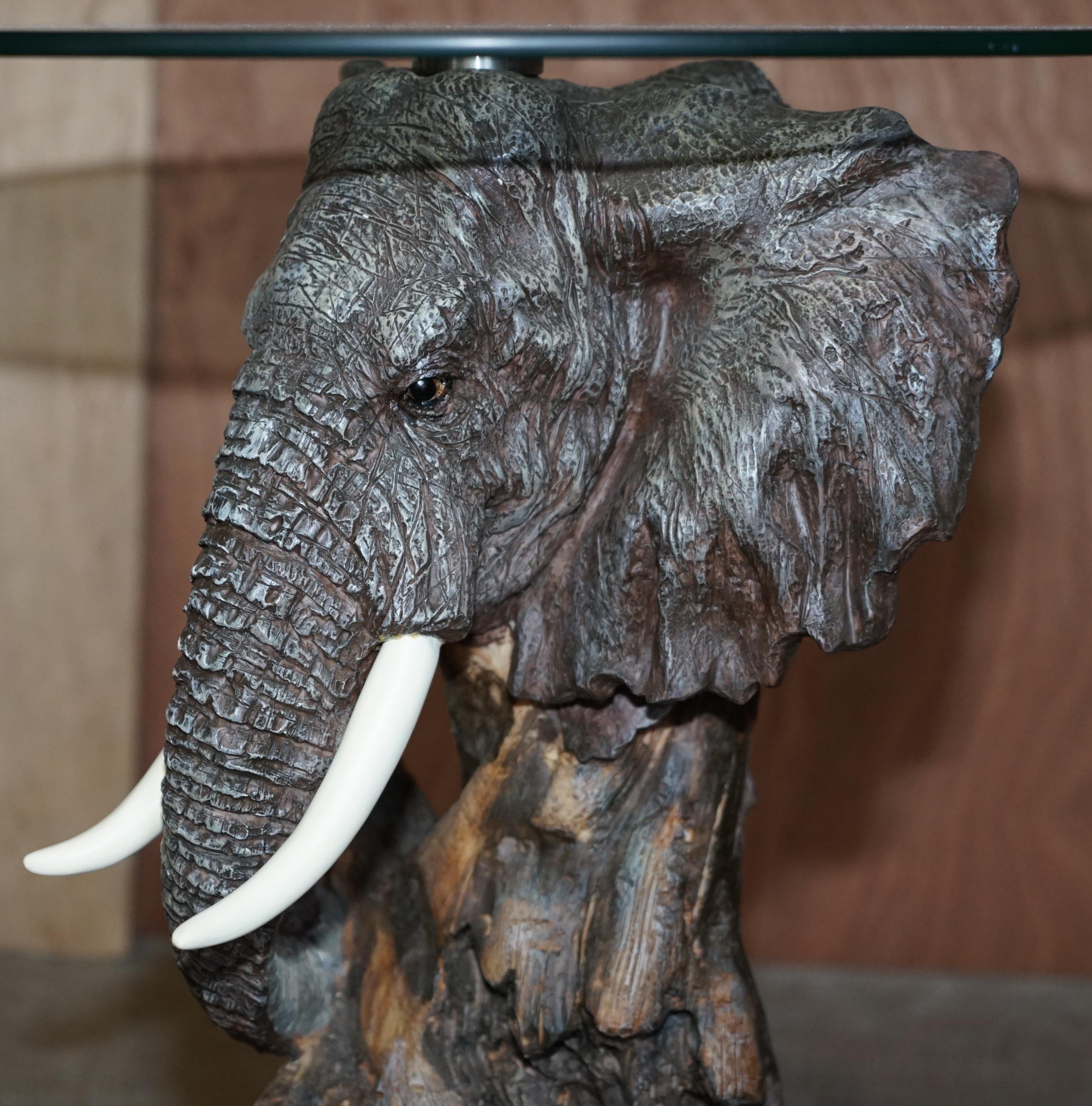 Other Stunning Realistic Hand Painted Elephants Head Side End Lamp Table Round Glass For Sale