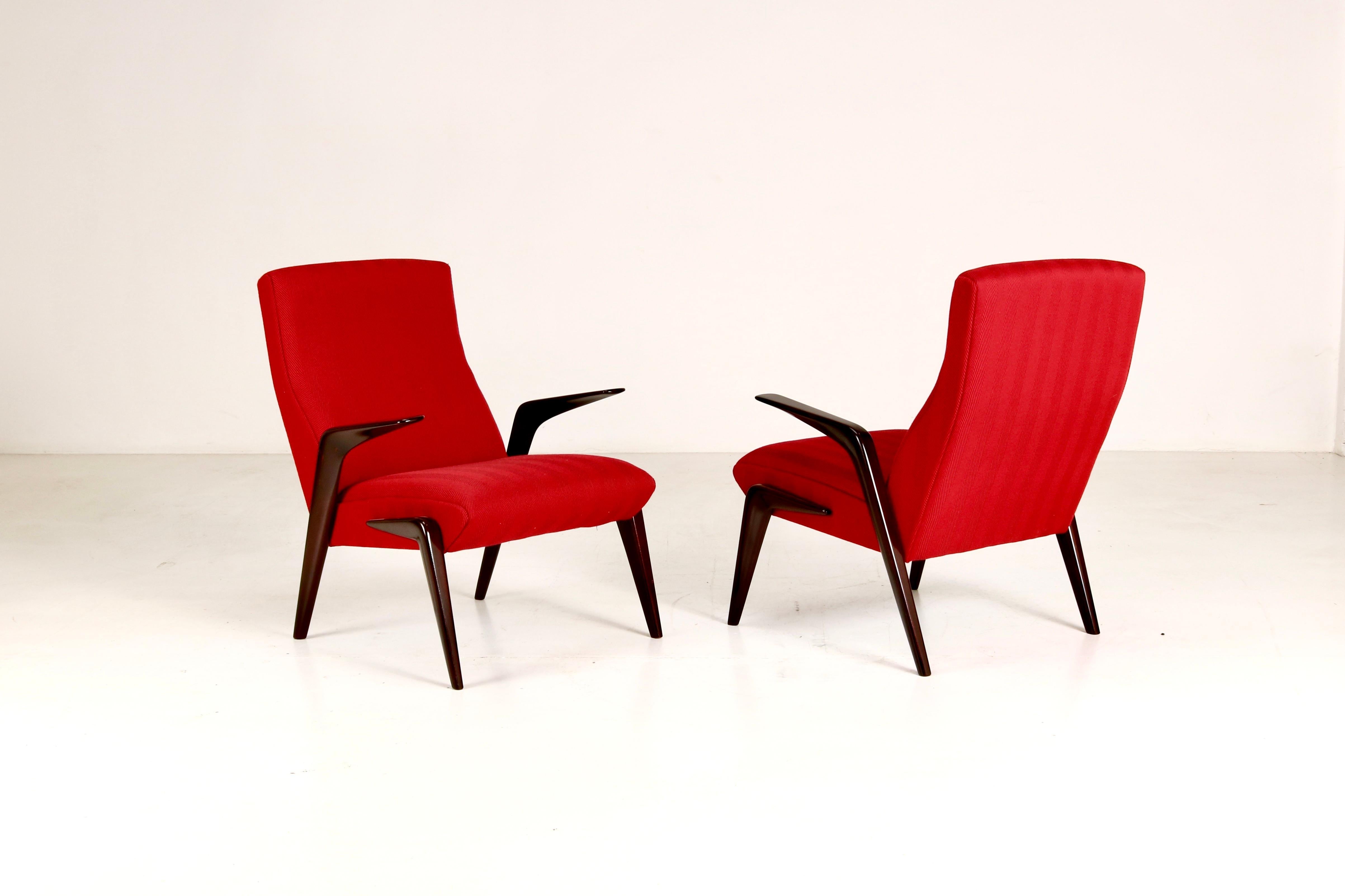 Fabric Stunning Red Armchairs P71 by Osvaldo Borsani - Mid century Italian Design 1950s For Sale