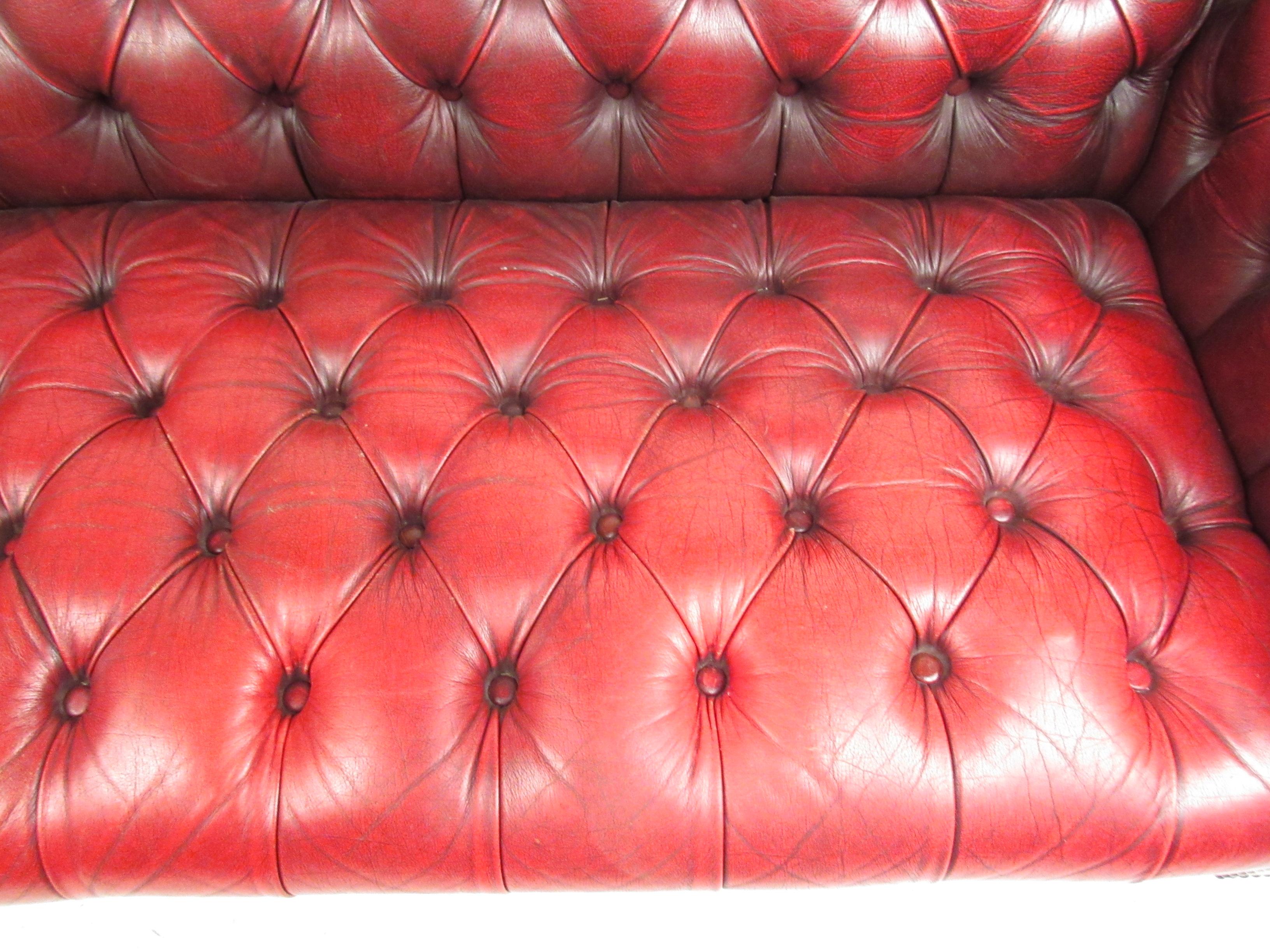 Stunning Red Leather Mid-Century Chesterfield Sofa 2