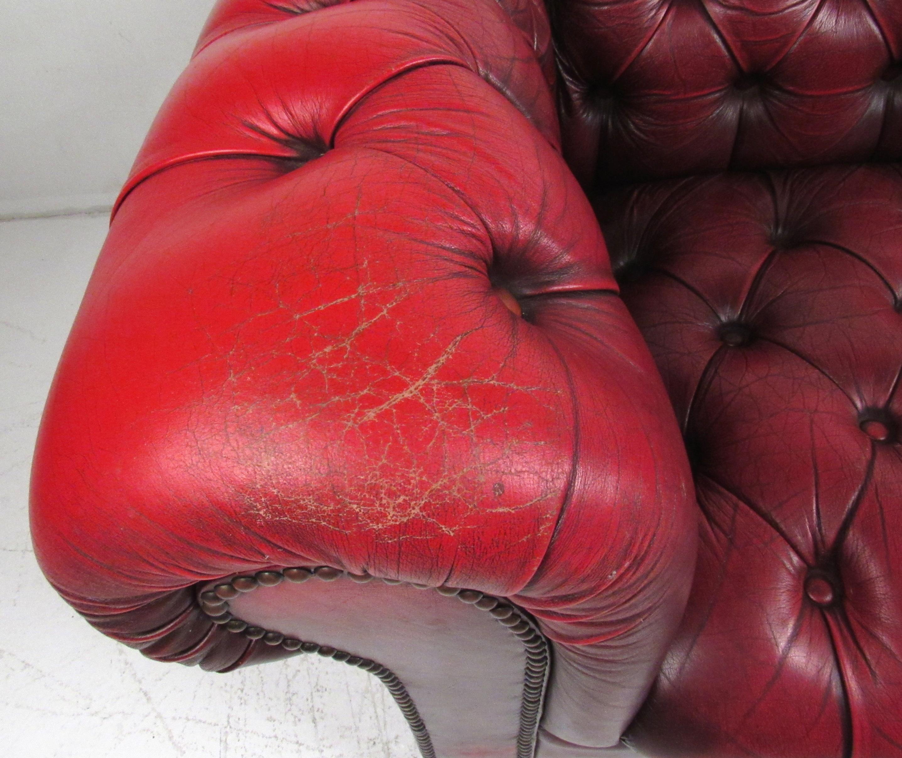 Stunning Red Leather Mid-Century Chesterfield Sofa 3