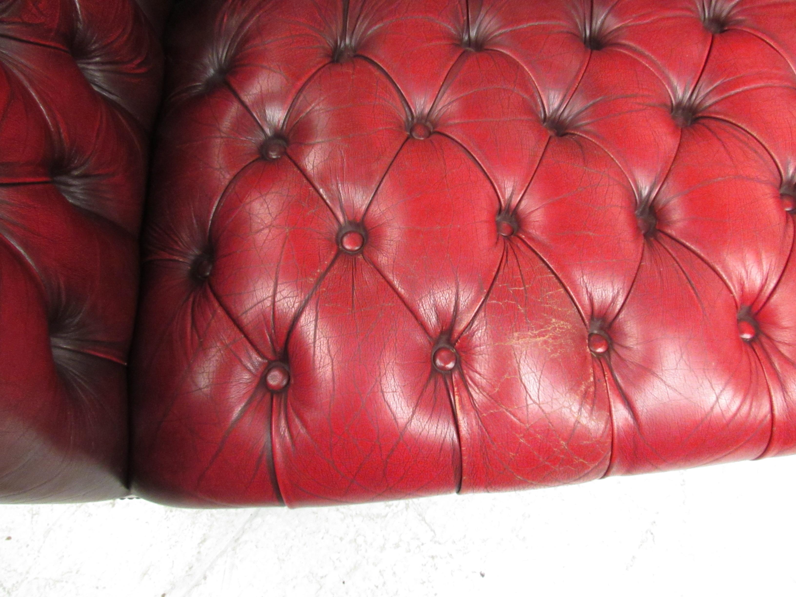 Stunning Red Leather Mid-Century Chesterfield Sofa 1