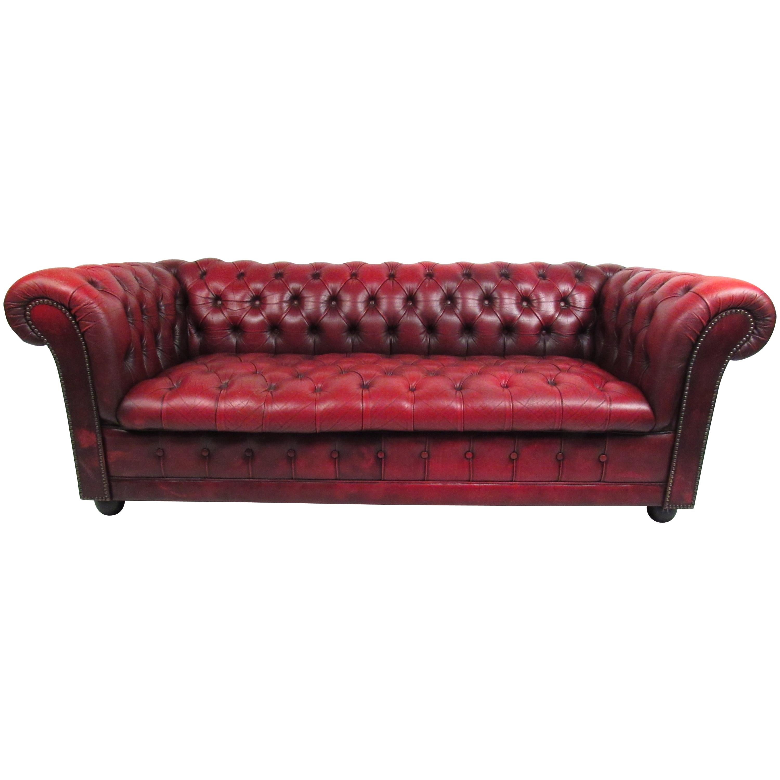 Stunning Red Leather Mid-Century Chesterfield Sofa