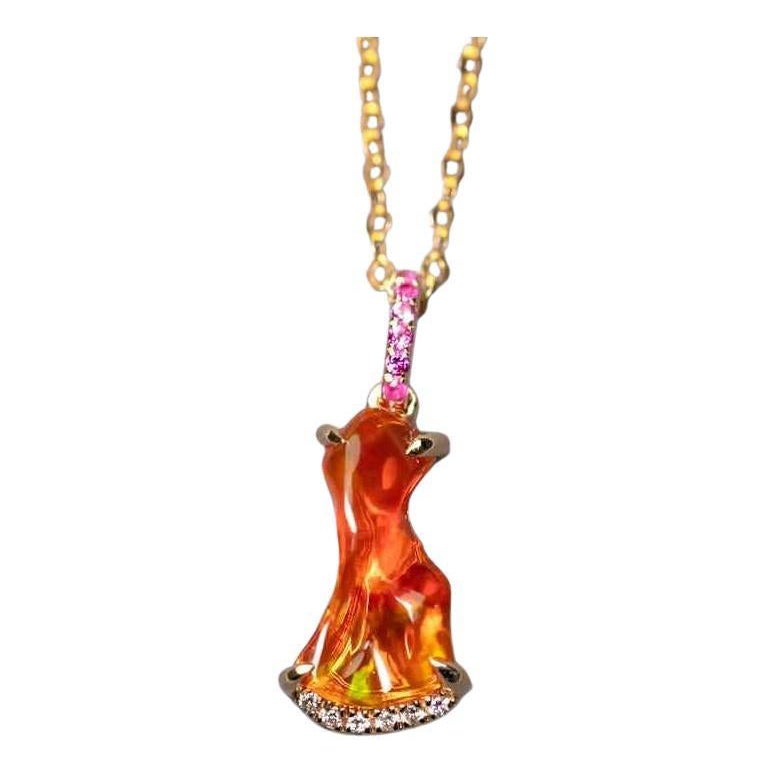 Superbe collier pendentif en or 18K avec opale de feu mexicaine rouge, diamant et saphir rose